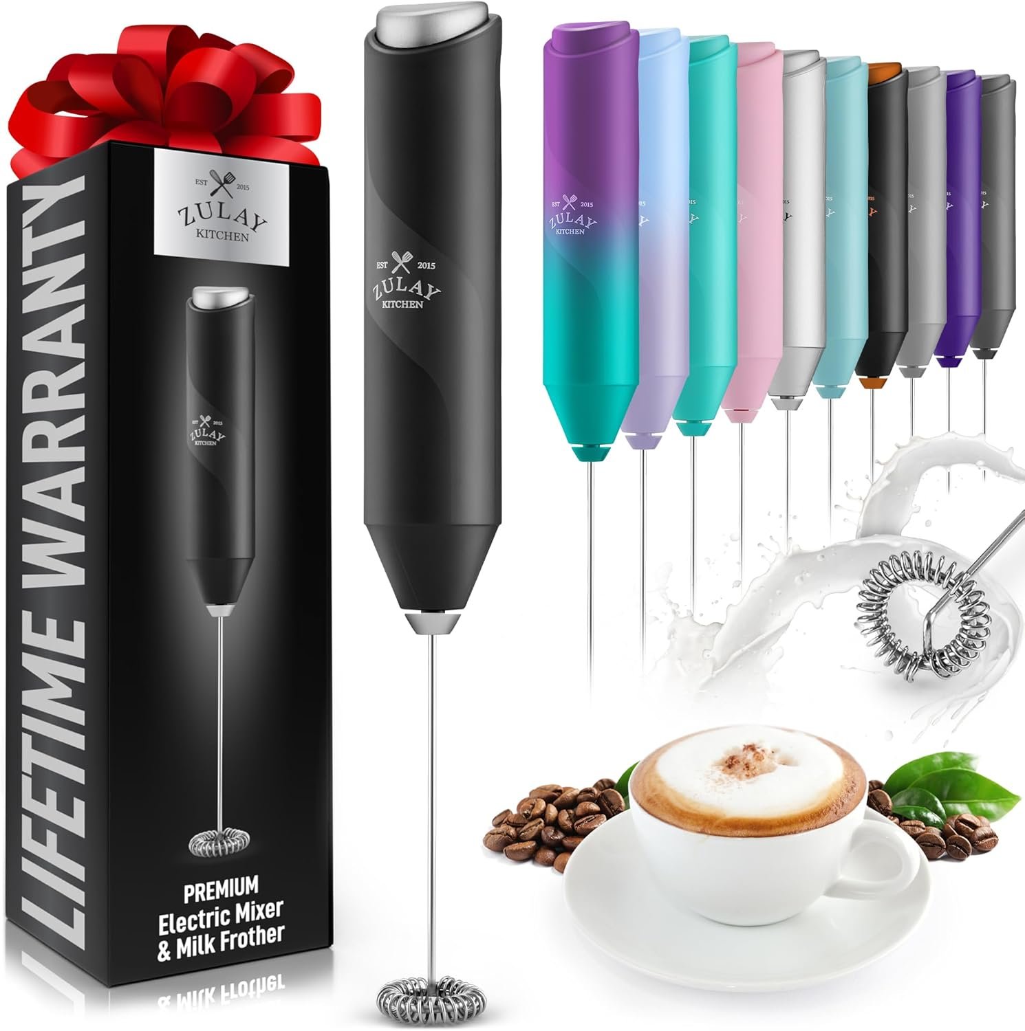 Zulay Kitchen Powerful Milk Frother Wand – Mini Handheld Stainless Steel – Battery Operated Drink Mixer for Coffee, Lattes, Cappuccino, Matcha – FrothMate Gift – Black