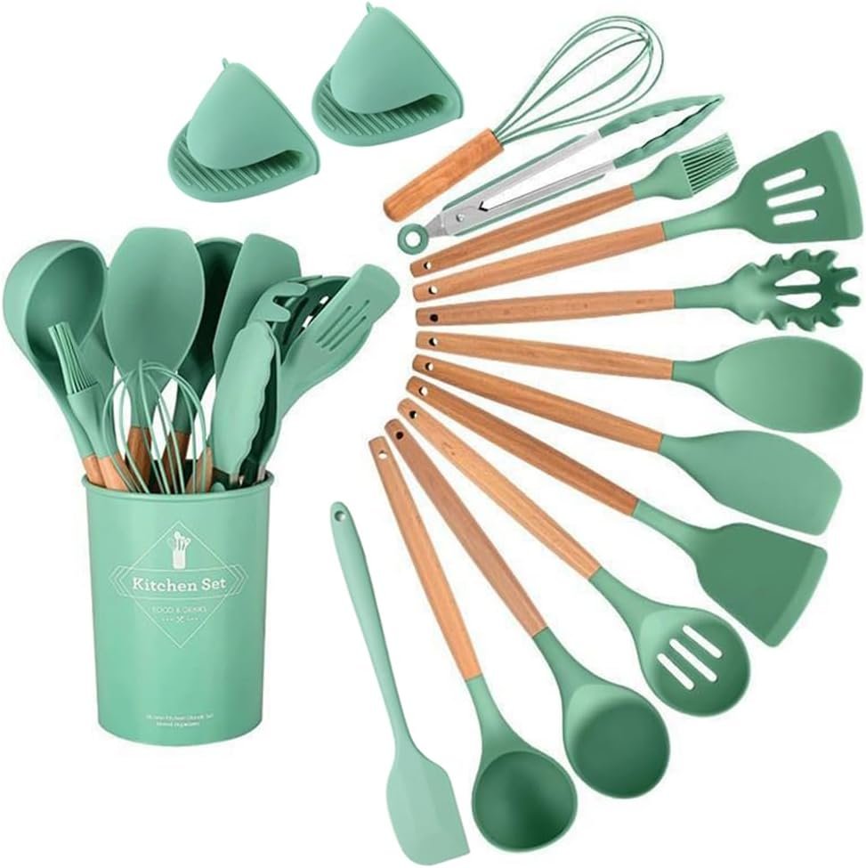 15-Piece Silicone Wooden Handle Kitchen Utensils Set, Cooking Tools with Holder, Kitchen Gadgets for Non-Stick Cookware