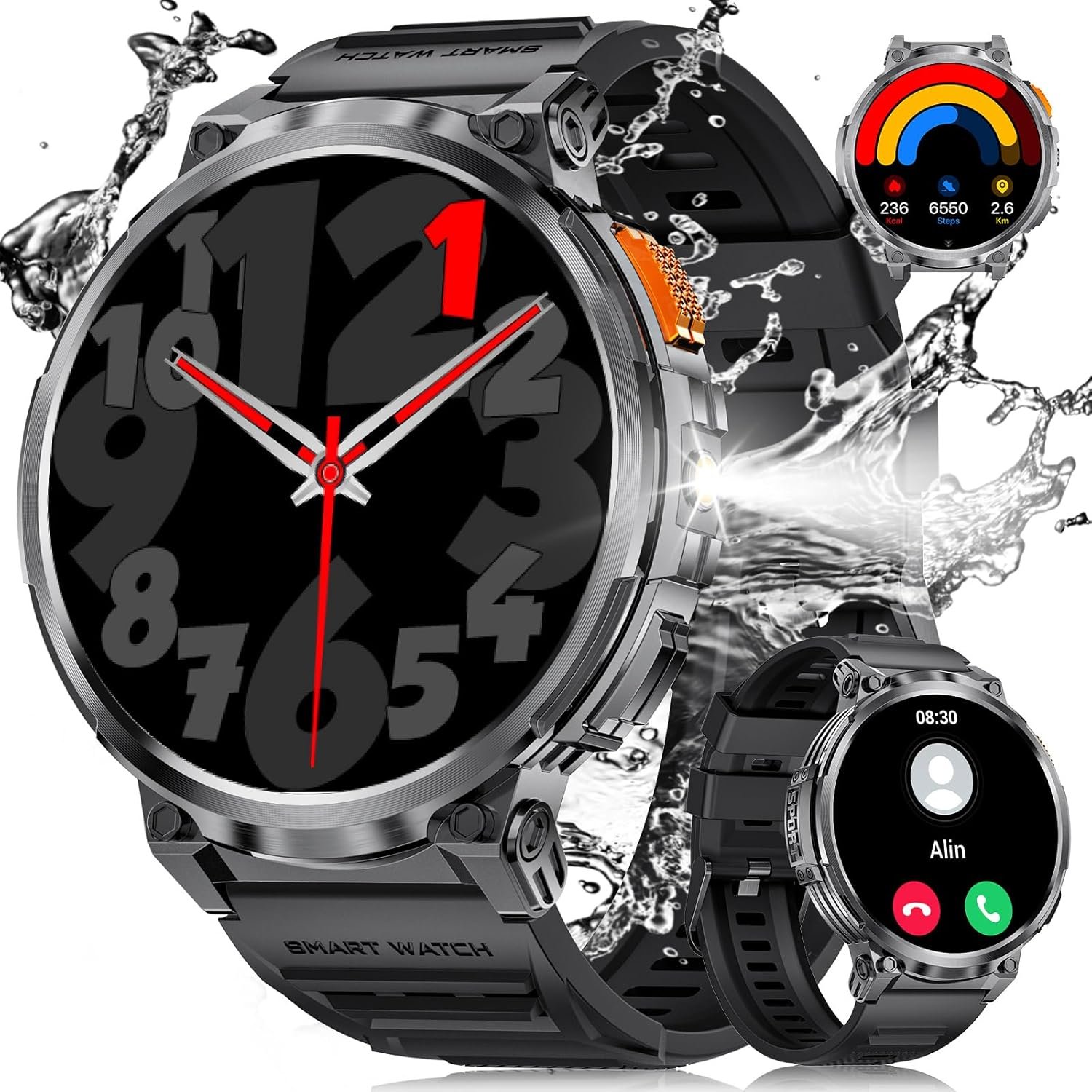 1.85″ Large Screen Smart Watches for Men Compatible with iOS Android, LED Flashlight/730mAh Large Battery, Fitness Tracker with Heart Rate/Sleep Monitor/100+ Sports Mode, Bluetooth Call