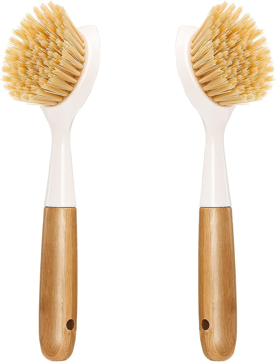 2 Pack Kitchen Dish Brush Bamboo Handle Dish Scrubber Built-in Scraper, Scrub Brush for Pans, Pots, Kitchen Sink Cleaning, Dishwashing and Cleaning Brushes are Perfect Cleaning Tools, White