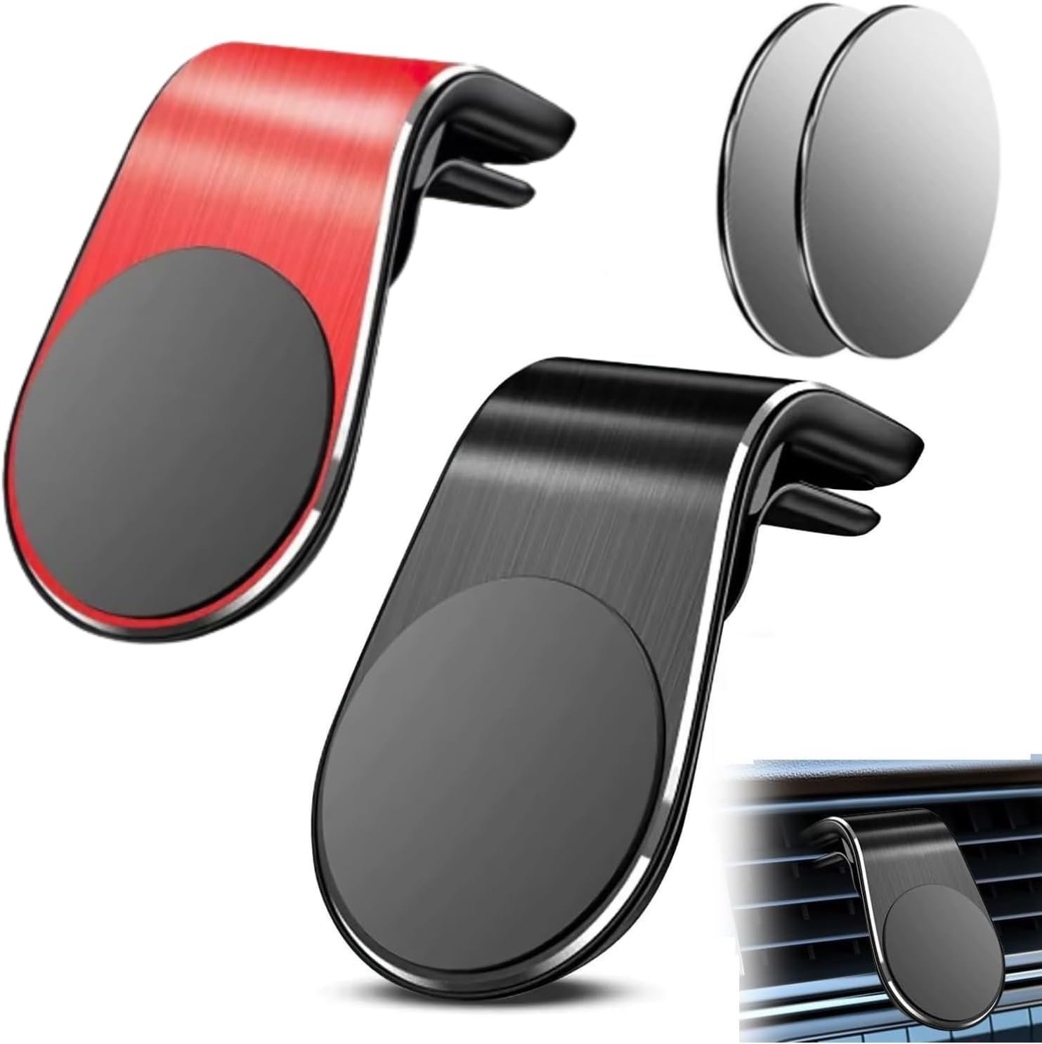 2-Pack Strong Magnetic Car Phone Holder – 360° Rotatable L-Shape Air Vent/Dashboard Mount for iPhone, Samsung, Huawei – Super Sticky Magnet, Universal Smartphone Cradle (Black + Red)