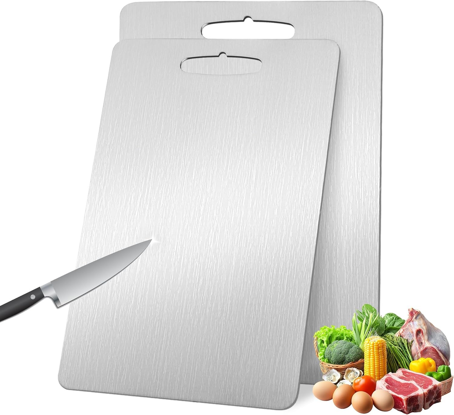2 Pack Titanium Cutting Boards 100% Pure Titanium for Kitchen .Cutting Edge Hygiene & Durability.Double sided food-grade Titanium Cutting Board For Meats Fruits And Vegetables. Easy to Clean（15 * 11）