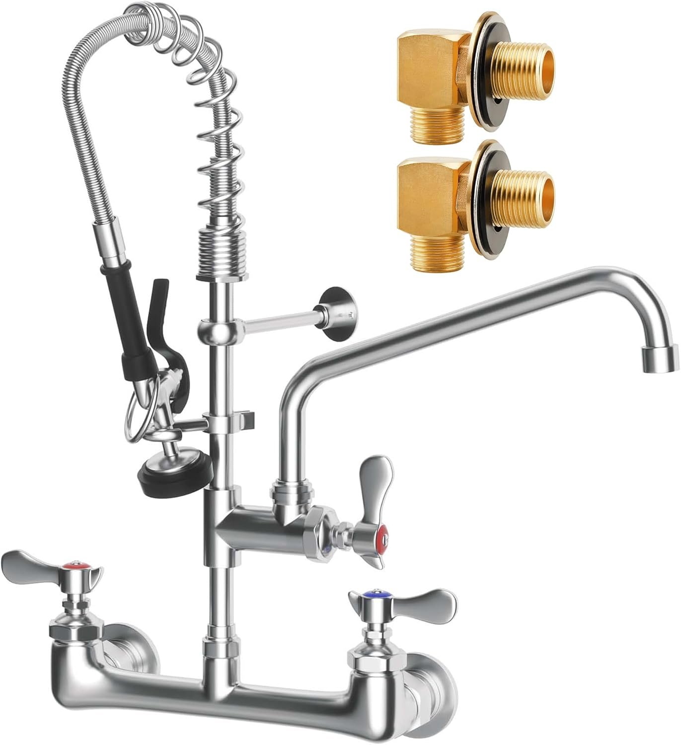 25″ Height Commercial Faucet with Sprayer, Brass Chrome Wall Mount Restaurant Kitchen Sink Faucet, 8″ Adjustable Center, 12″ Add-on Swing Spout & 18″ Hose, Right Angle Mounting Kit