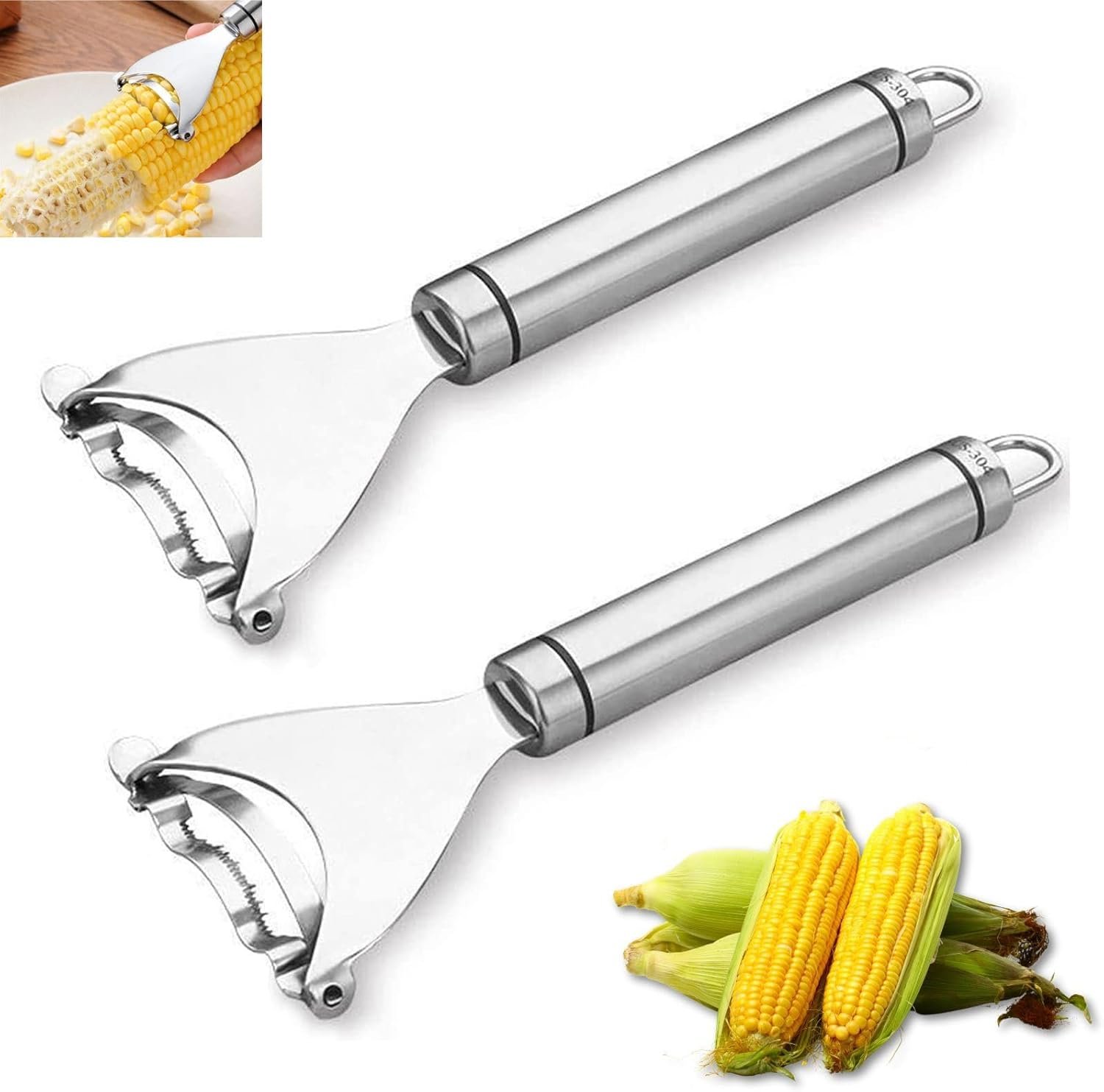 2PCS Corn Planer Cutter Thresher Peeler, Corn Thresher Cob Stripper Tool,Kitchen Use Premium Stainless Steel Thresher Cob Remover tool with Ergonomic Handle