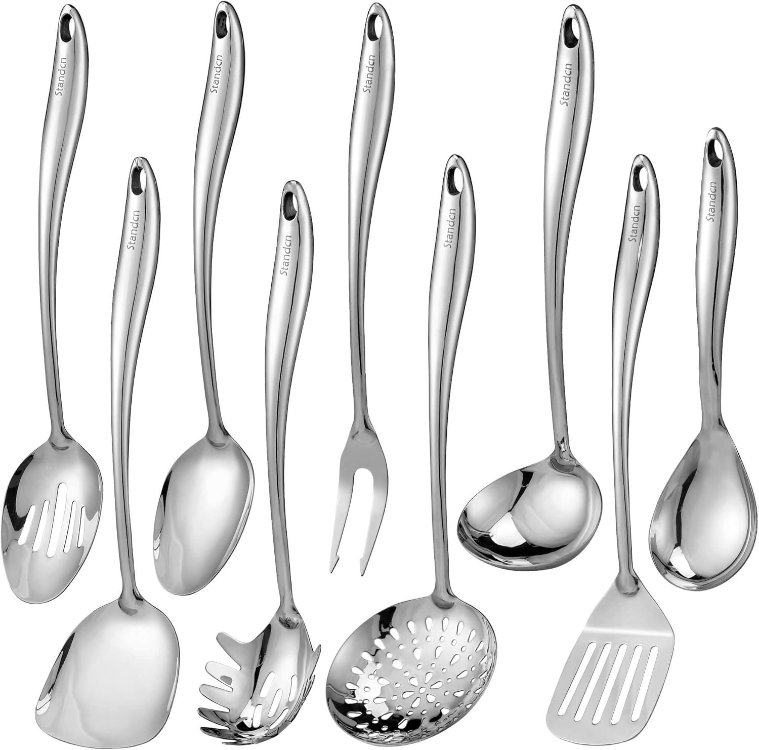 304 Stainless Steel Kitchen Utensil Set – 9 PCS Serving Utensils, Cooking Utensil, Solid Spoon, Slotted Spoon, Fork, Spatula, Ladle, Skimmer Spoon, Slotted Spatula Tunner, Spaghetti Spoon, Large Spoon