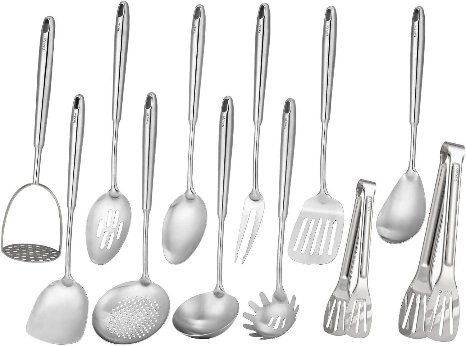 304 Stainless Steel Kitchen Utensils Set – 12 PCS Long All Metal Cooking Utensils & Large Serving Utensils – Potato Masher, Fork, Tongs, Tunner, Pasta, Serving Spoon, Skimmer, Ladle, Spatula Spoon Set