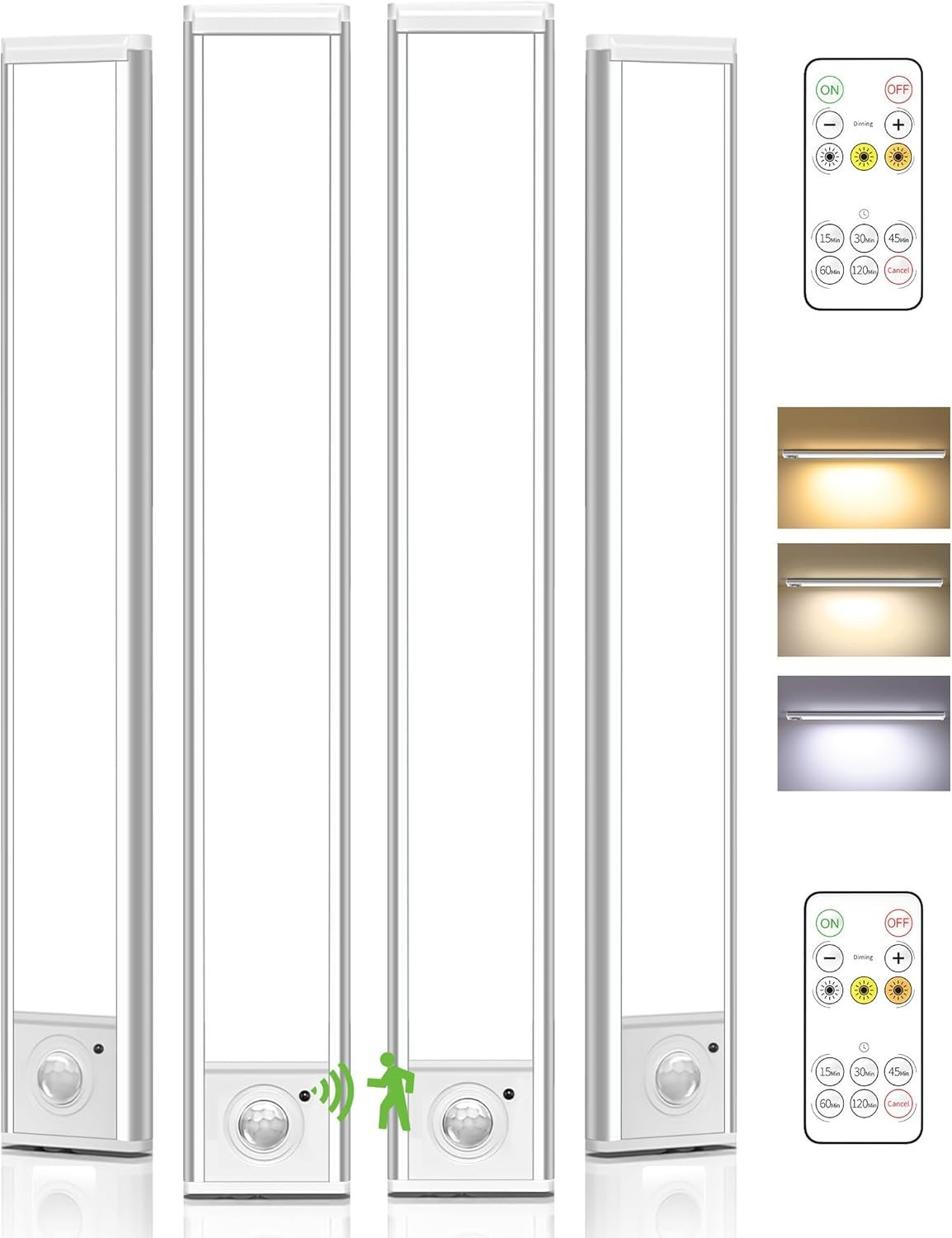 4-Pack Under Cabinet Lighting,LED Rechargeable Motion Sensor Light Indoor Battery Operated,3 Color Temps&Dimmable Closet Lights with Remote,Wireless Under Counter Lights for Kitchen Stairs