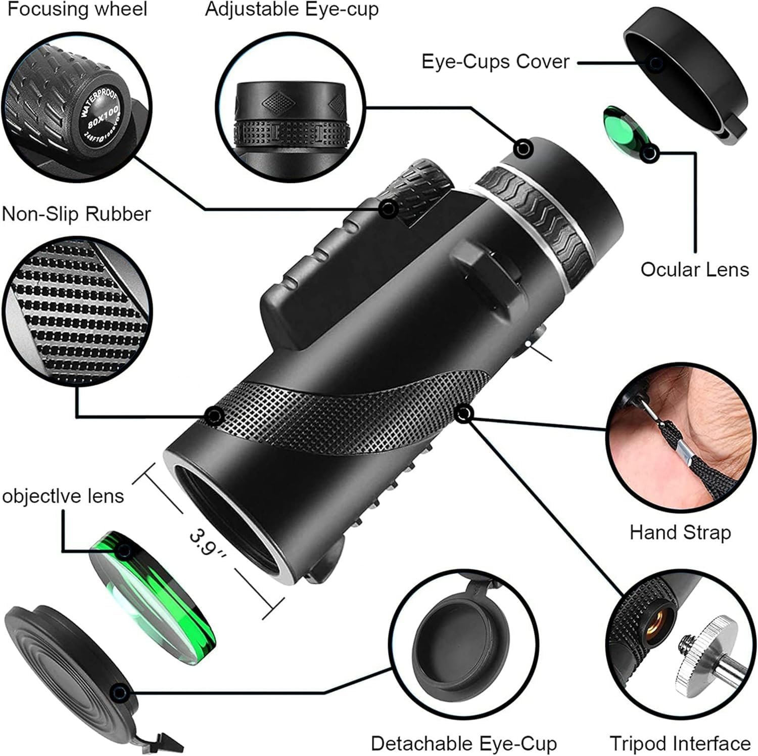 80×100 Monocular Telescope Suitable for Smartphones High Power HD Adult Single Tube Telescope Suitable for Outdoor Travel Camping Hiking Stargazing Hunting Wildlife