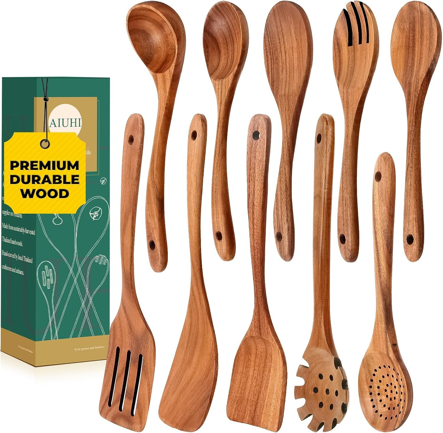 AIUHI Wooden Kitchen Utensils Set, Smooth Finish Wooden Spoons for Cooking, Teak Wood Cooking Utensils Set for Kitchen Essential Tools 10 Pieces