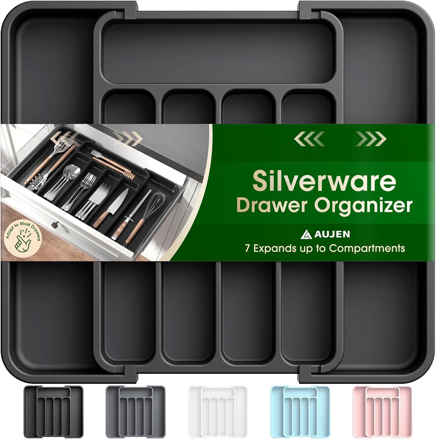 AUJEN Silverware Organizer – Expandable Kitchen Drawer Organizer, Adjustable Utensil Organizer, Cutlery Drawer Organizer for Forks, Knives, Multipurpose Kitchen Organizers and Storage Solution, Black