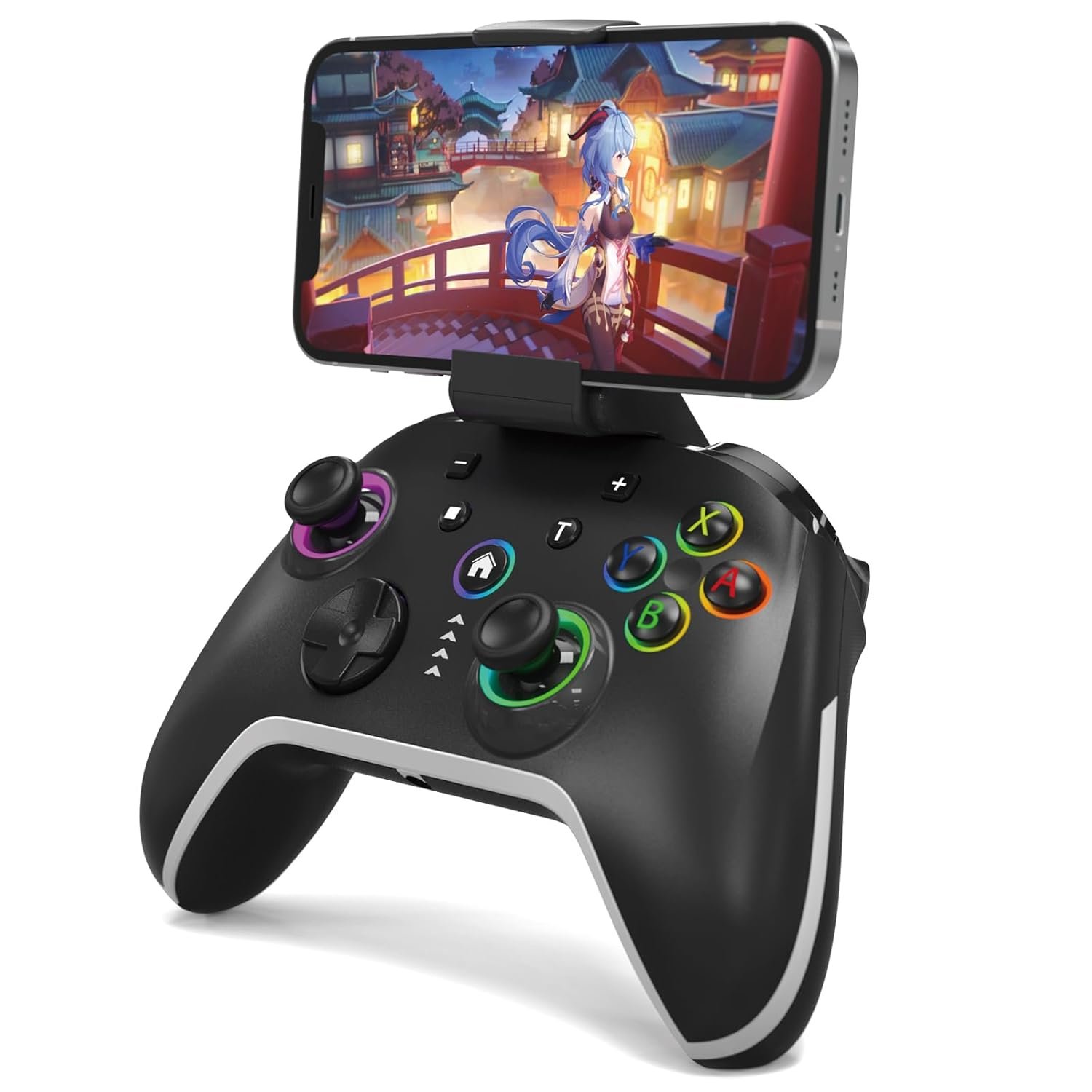Bcofo Wireless Mobile Gaming Controller for iPhone/Android/Switch/Laptop, Wired Control for PC/Steam, Programmable Game Gamepad with Phone Clip for Gamer, with RGB Lighting Effect/Turbo/Vibration/6-Axis Gyro