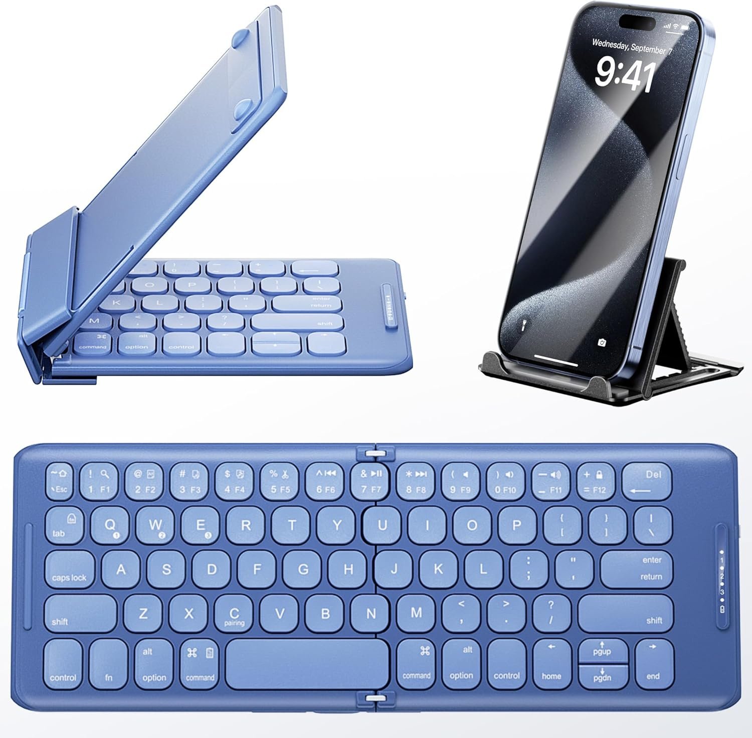 Bluetooth Foldable Keyboard with Stand Holder, Rechargeable Pocket Size Folding Travel Keyboard for iPhone, iPad, Tablet, Laptop, Smartphone, B088BL