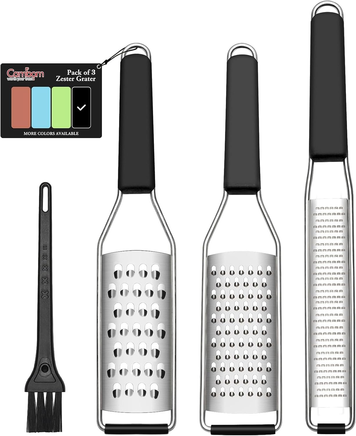 Cambom Lemon Zester Grater Three-piece Suit – Heavy Duty Kitchen Tool for Parmesan Cheese, Ginger, Garlic, Nutmeg, Chocolate, Vegetables，Fruits，Stainless Steel Grater Dishwasher Safe Black