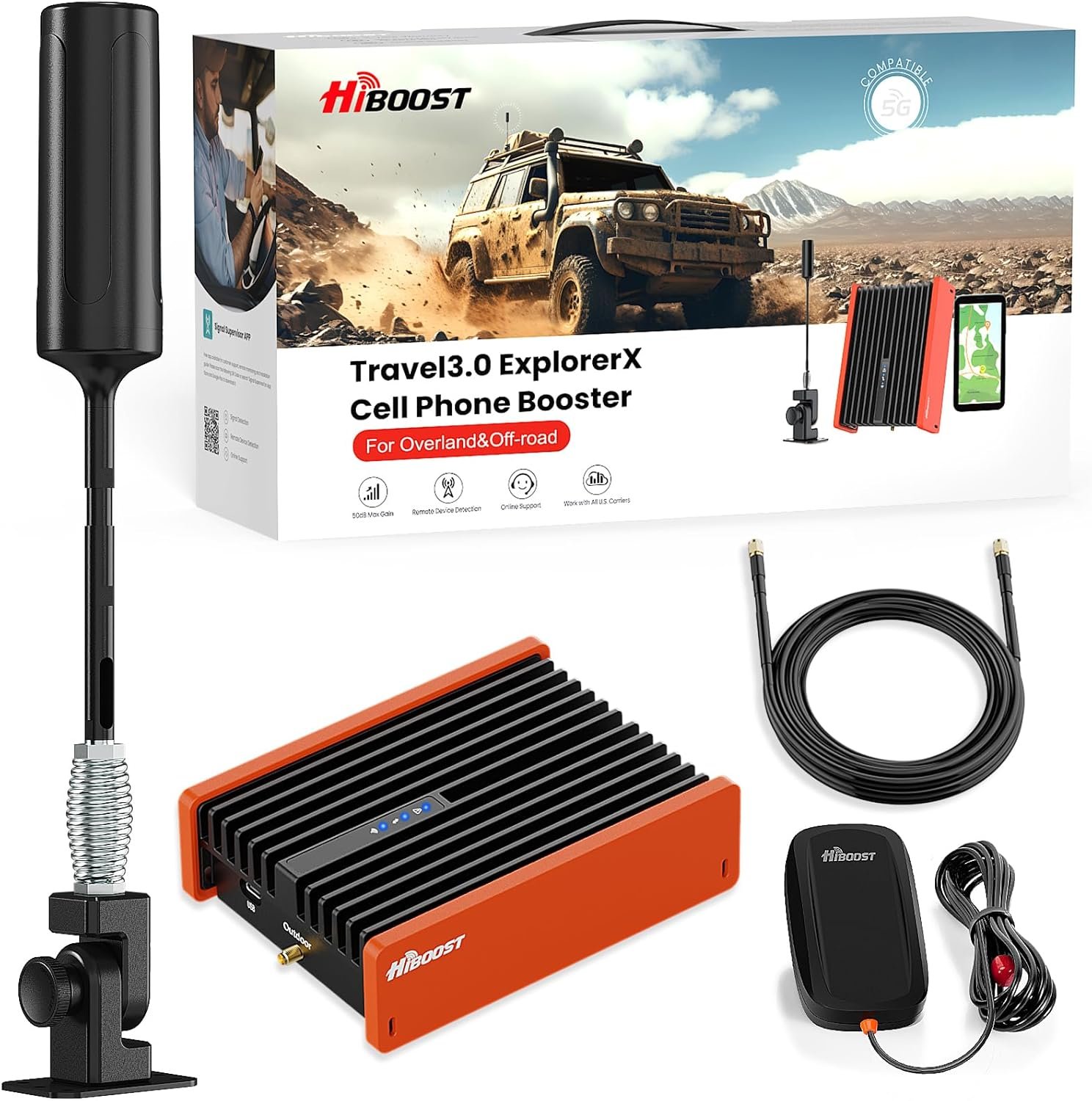 Cell Phone Signal Booster for Overland and Off-road Vehicle | Boosts 5G & 4G LTE for All Carriers – Verizon, AT&T, T-Mobile & More | Folding Antenna Mount | Ultra-stable Booster | FCC Approved