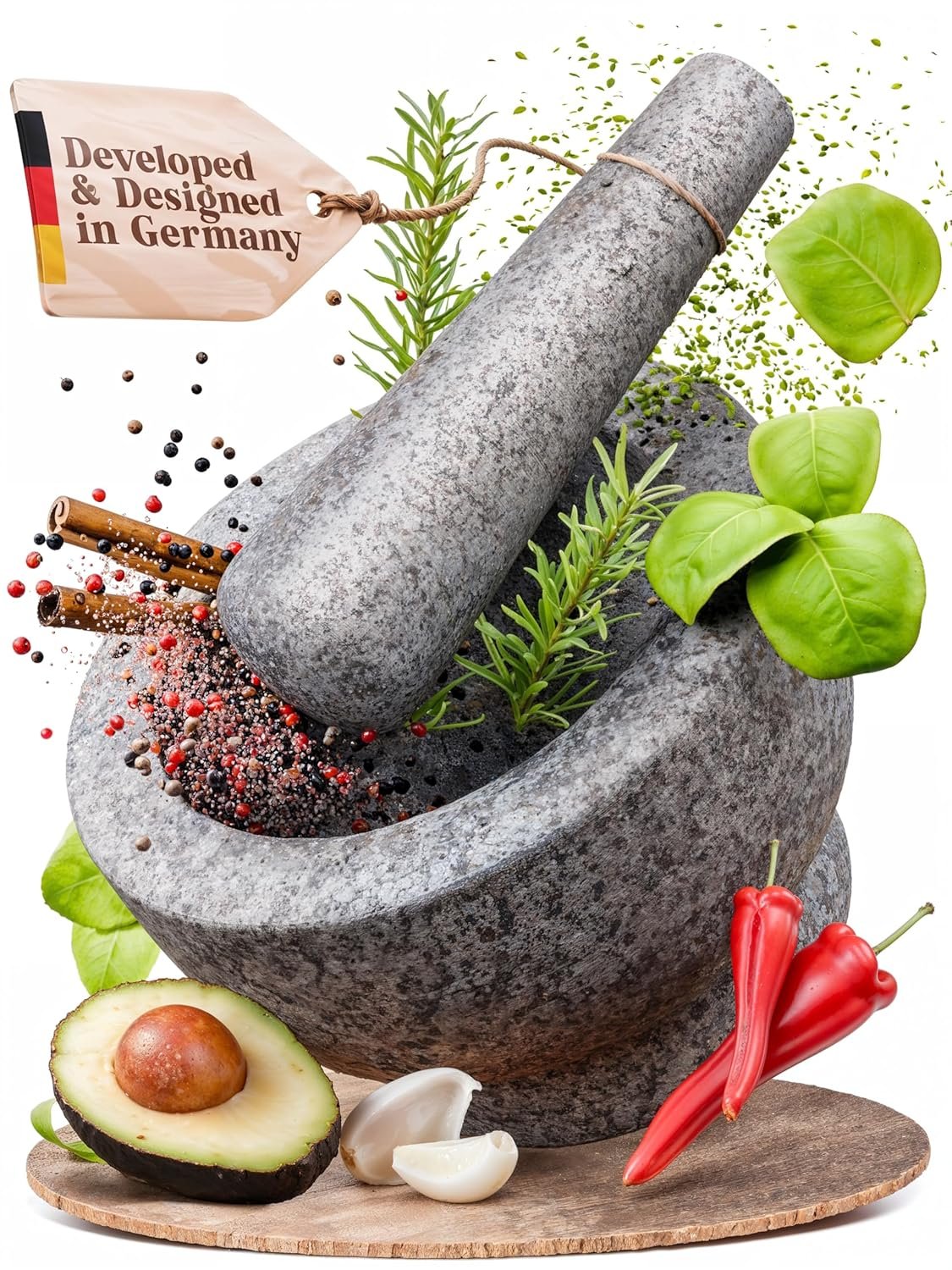 ChefSofi Mortar and Pestle Set – 6 Inch – 2 Cup Capacity – Unpolished Heavy Granite for Enhanced Performance and Organic Appearance – Included: Anti-Scratch Protector