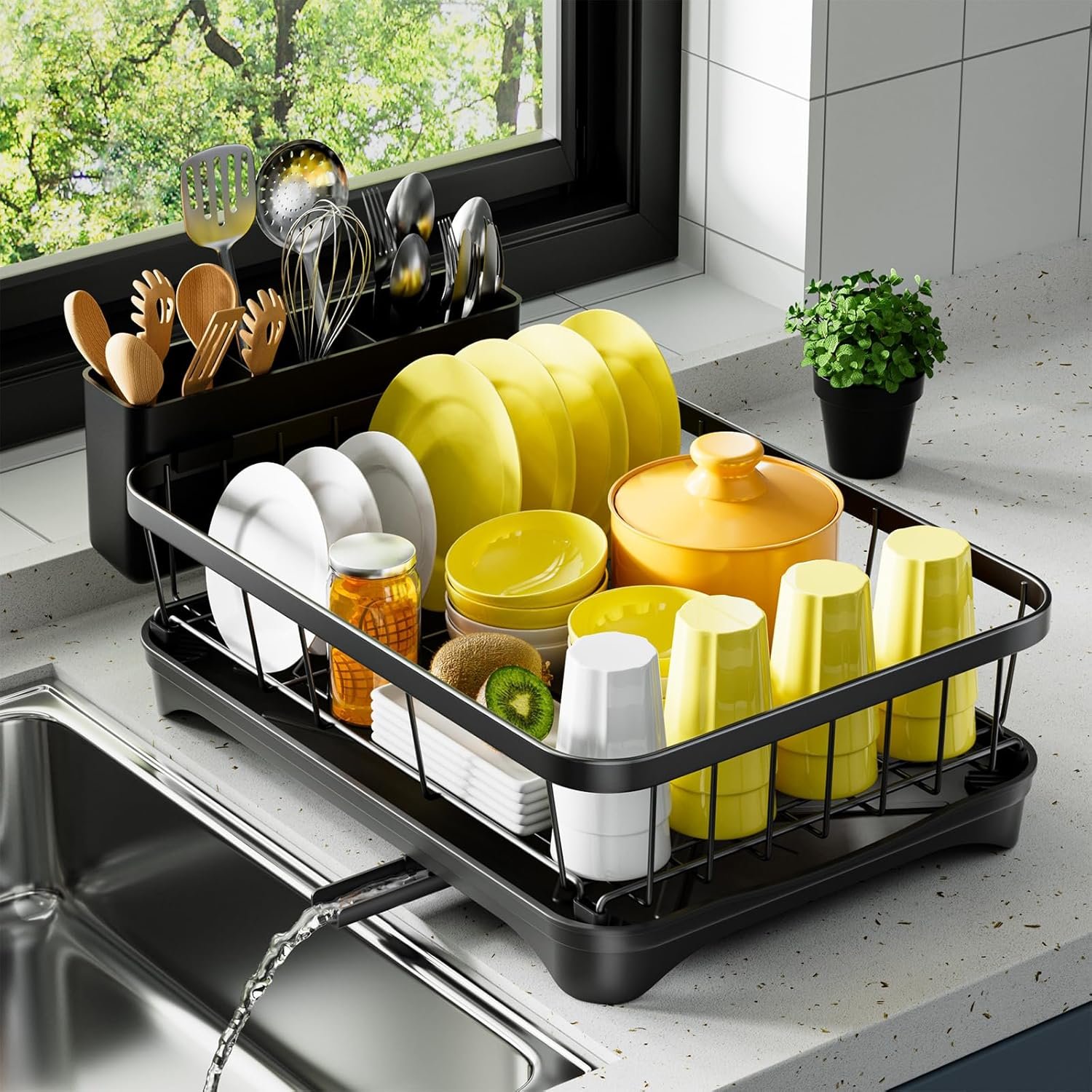 Dish Drying Rack Single Layer with Utensil Holder, Adjustable Spout Auto-Draining Dish Rack for Kitchen Counter, Large Capacity for Plates, Bowls, Cups, Dish Drainer with Drainboard,Black