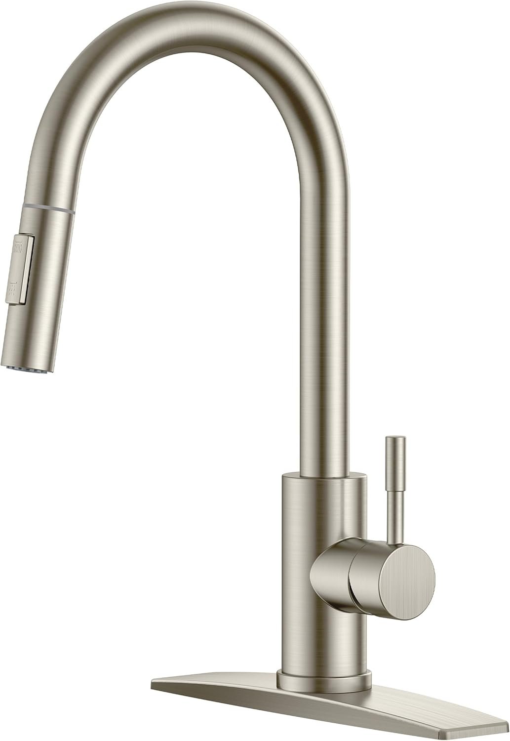 FORIOUS Kitchen Faucet with Pull Down Sprayer, Brushed Nickel High Arc Modern Classic Sink Faucet Stainless Steel with Deck Plate Fit for 1 or 3 Hole for Pot Filler Bar Farmhouse Laundry Rv