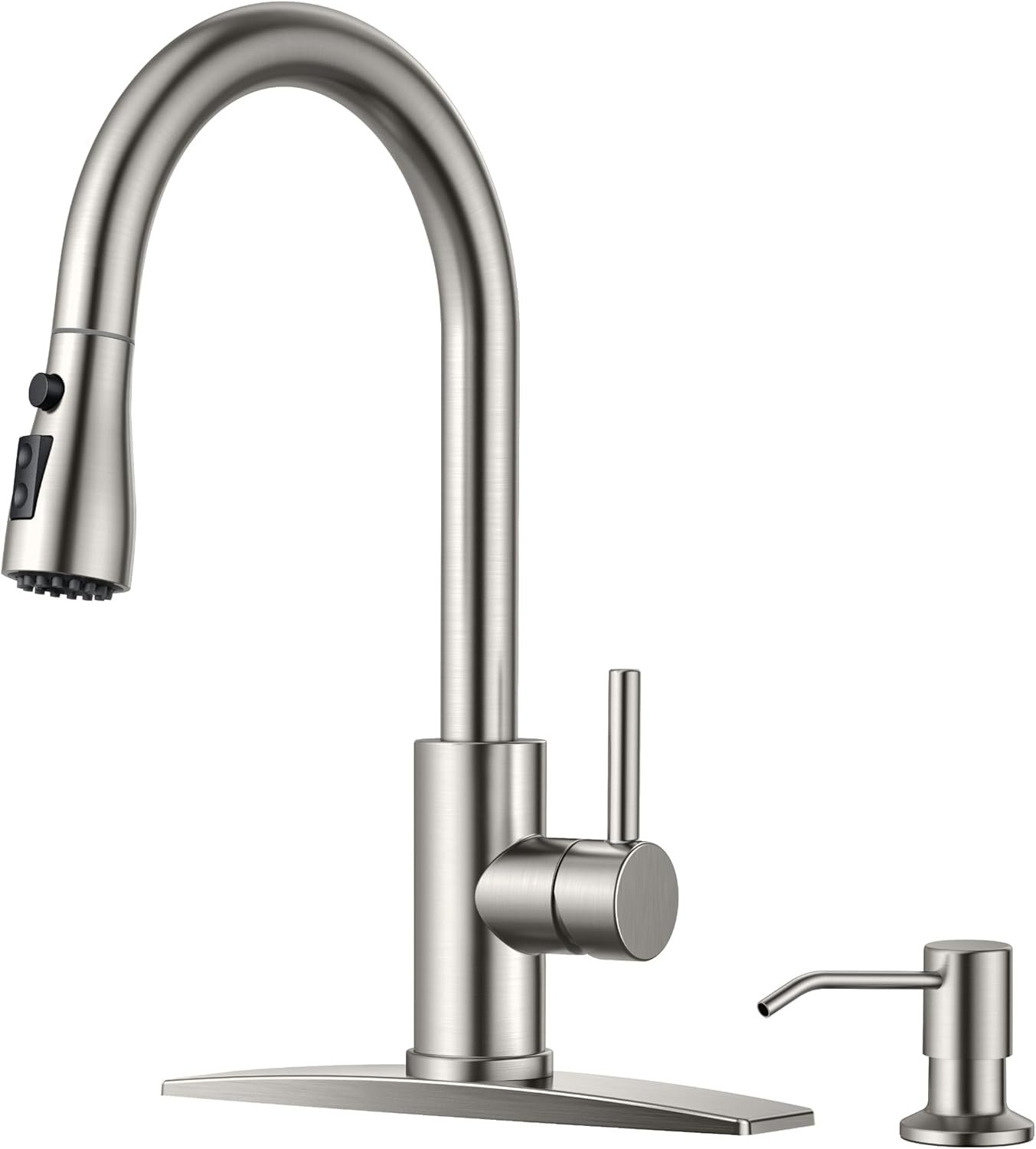 FORIOUS Kitchen Faucets with Soap Dispenser and Pull Down Sprayer, Brushed Nickel, High Arc Single Handle Classic 3 Modes Stainless Steel Faucet for Kitchen Sink Farmhouse RV Bar Laundry Camper