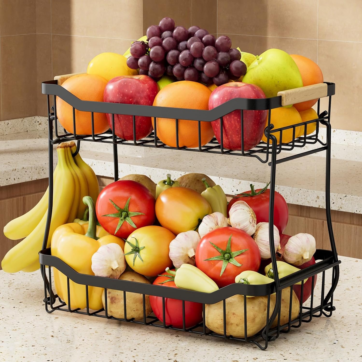 Fruit Basket for Kitchen Counter – 2 Tier Detachable Fruit Vegetable Basket with Banana Hanger, Metal Countertop Fruit Stand with Wooden Handle, Black, ,7.3″ D x 11.2″ W x 10.3″ H