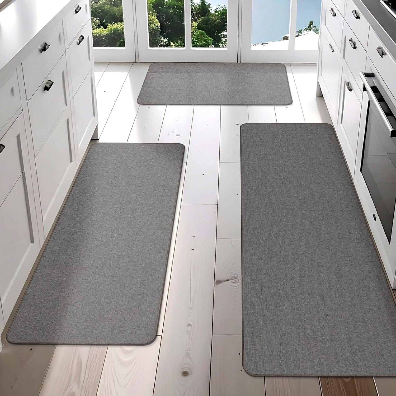 HORLIMER Kitchen Rugs Set of 3, Non Slip Anti Fatigue Kitchen Mats for Floor, 17”x59”+17”x47”+17”x29”, Grey