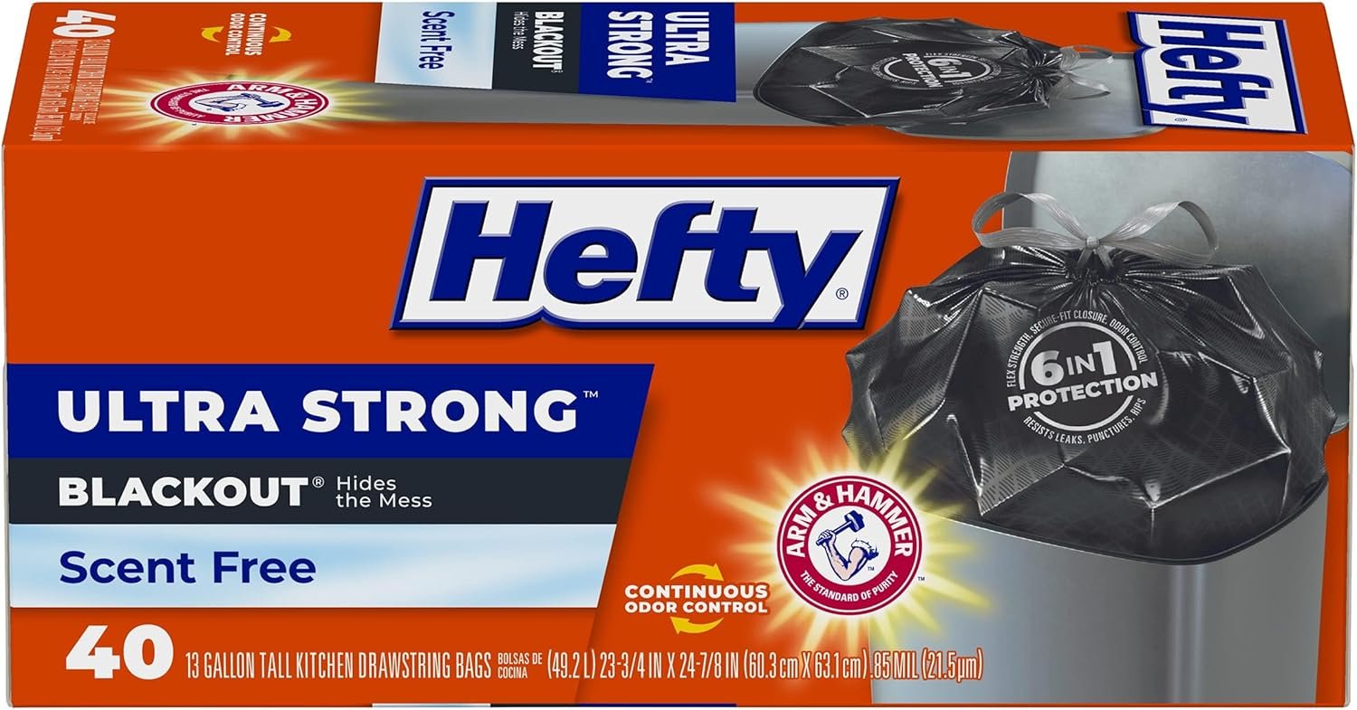 Hefty Ultra Strong 13 Gallon Trash Bags, Black Tall Kitchen Trash Bags 13 Gallon Size, Break Resistant Drawstring Enclosure, Continuous Odor Control, Blackout, Unscented, 40 Bags