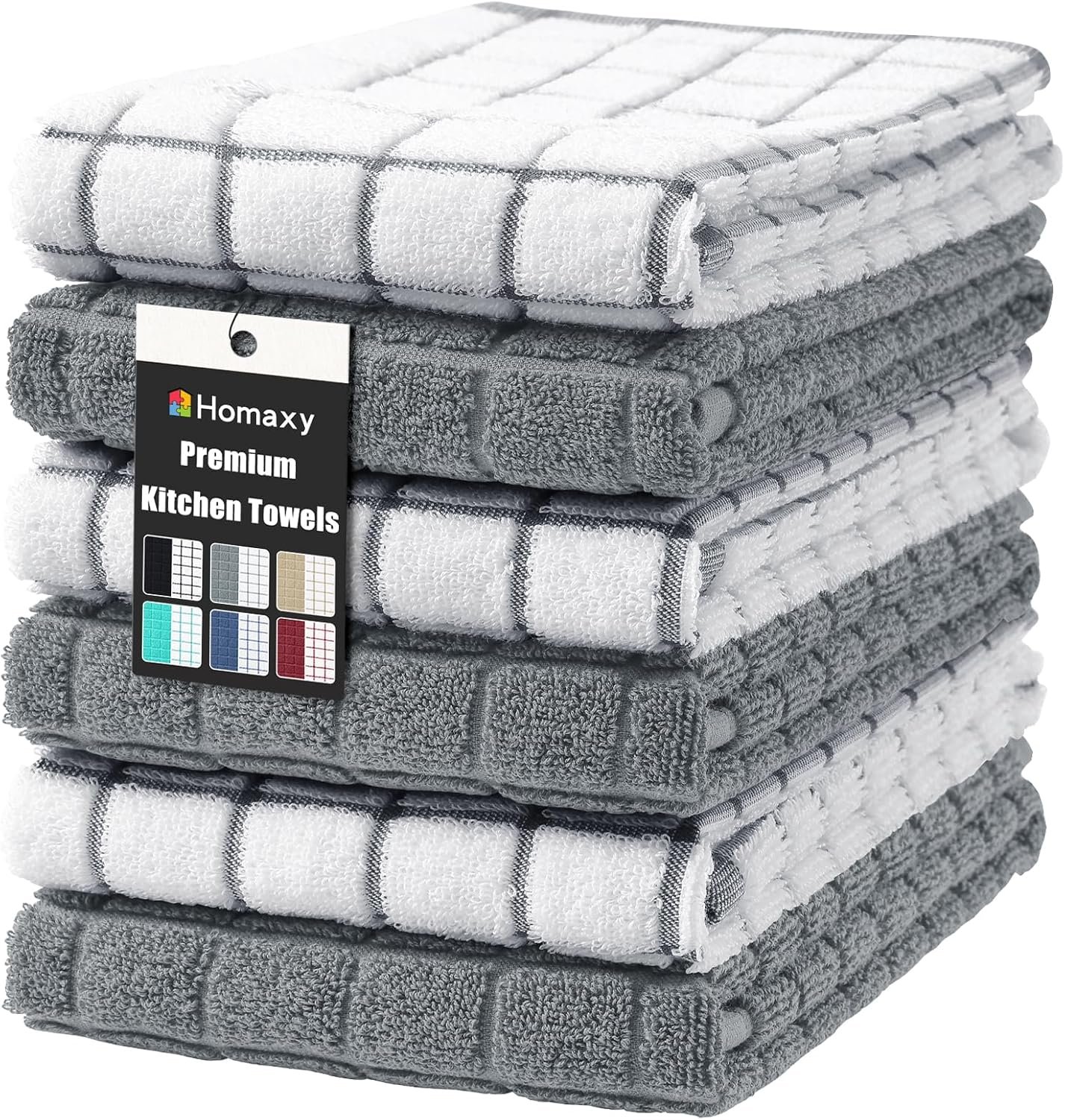 Homaxy Premium Cotton Kitchen Towels 16″x 28″, Large Natural Ring Spun 390 GSM Dish Towels, Super Absorbent Terry Kitchen Hand Towels, Soft Tea Towel with Hanging Loop, Grey Check Design, 6 Pack