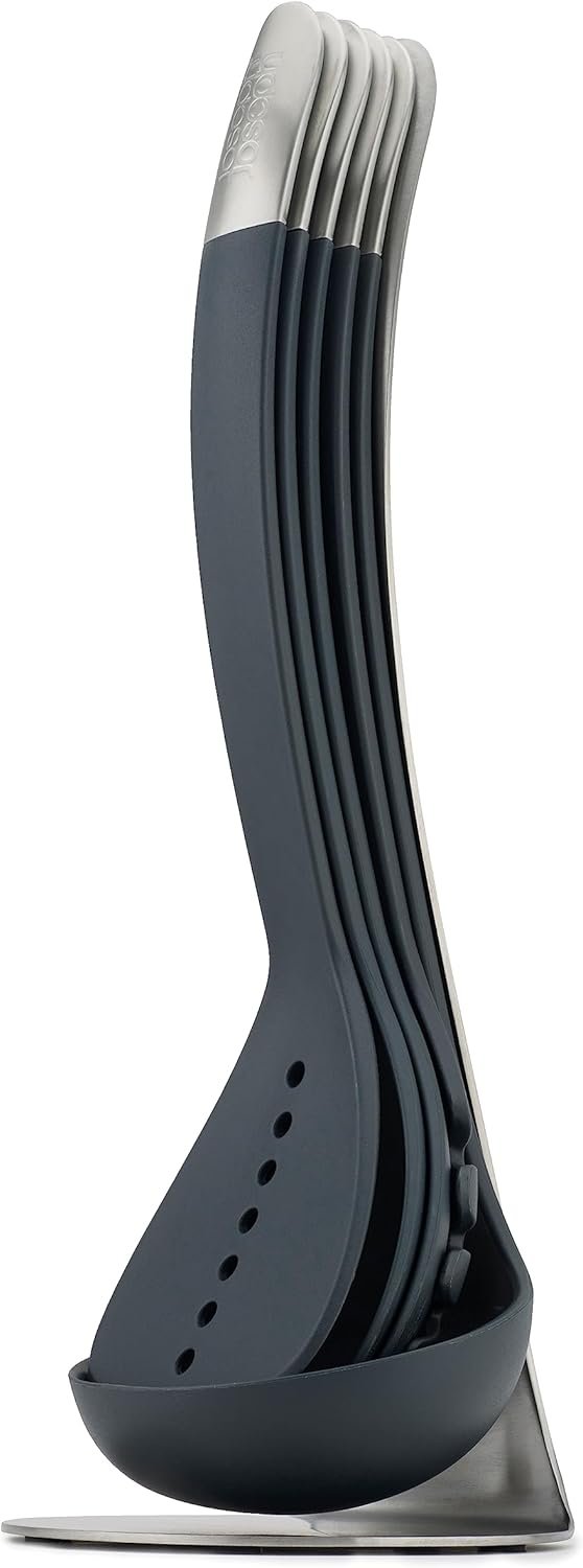 Joseph Joseph Nest 5 Compact Stacking Utensils kitchen tool set with magnetic storage stand, organization, dishwasher safe – Black/Stainless Steel