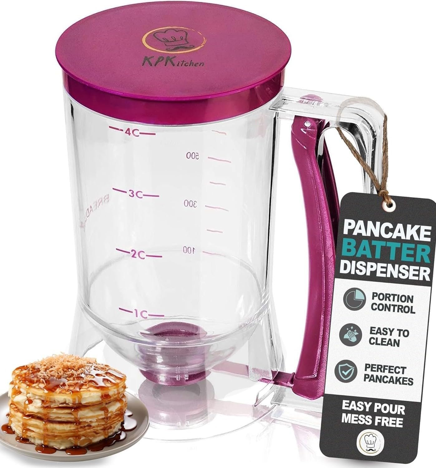 KPKitchen Pancake Batter Dispenser – Kitchen Must Have Tool for Perfect Pancakes, Cupcake, Waffle, Muffin Mix, Cake & Crepe – Easy Pour Baking Supplies for Griddle – Pancake Maker with Measuring Label