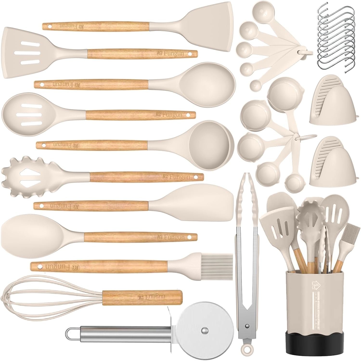 Kitchen Cooking Utensil Set, Fungun 35 pcs Cooking Utensils – Nonstick Kitchen Utensils Cookware Set Spatula Set -Kitchen Gadgets Utensils Set, Kitchen Tools Gift-khaki