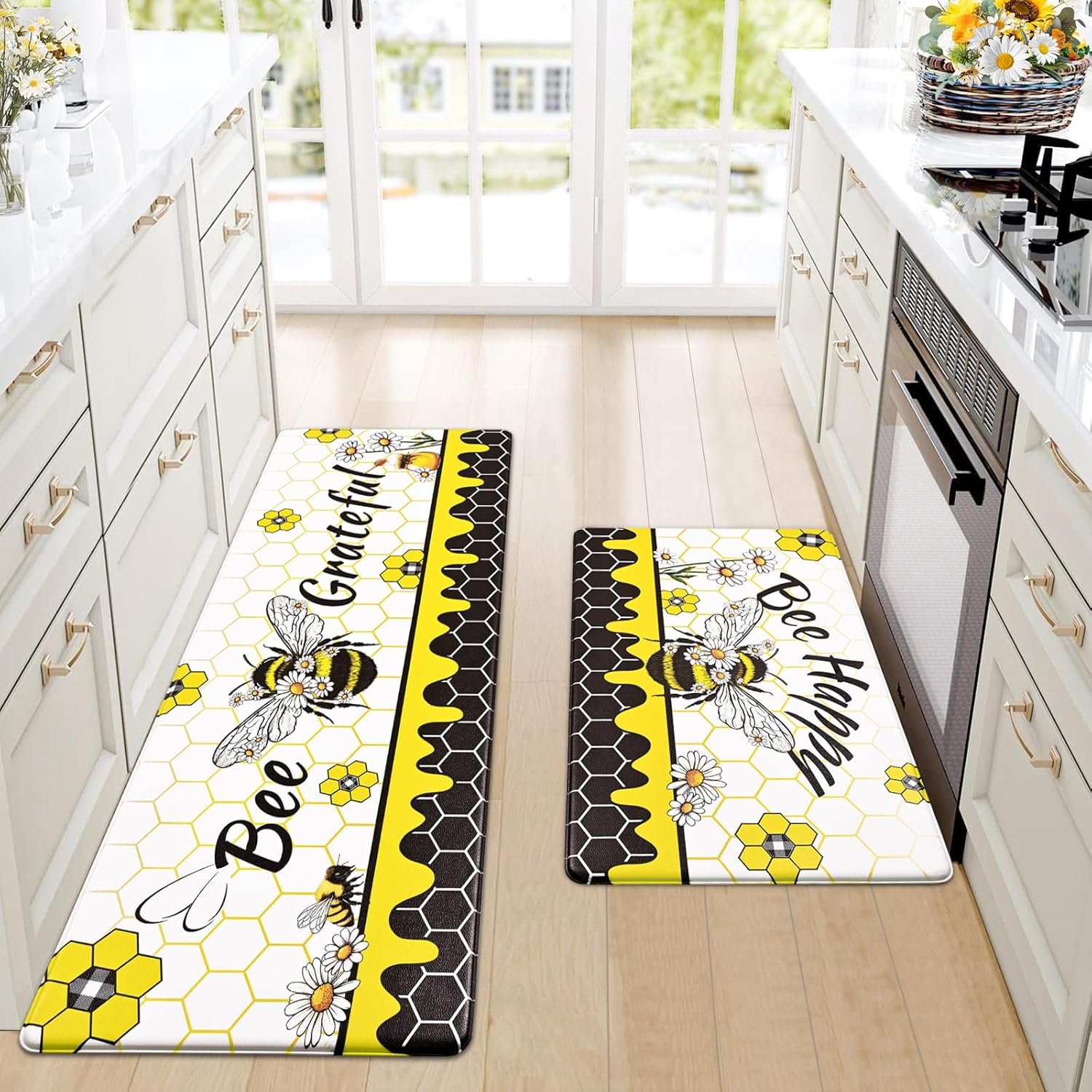 Likiyol Yellow Bee Kitchen Mats for Floor [2 PCS] Bee Happy Kitchen Rugs, Anti Fatigue Mats for Kitchen Floor White Daisy Kitchen Floor Mat Non Slip Comfortable Cushioned, 18”x 30”+18”x 48”