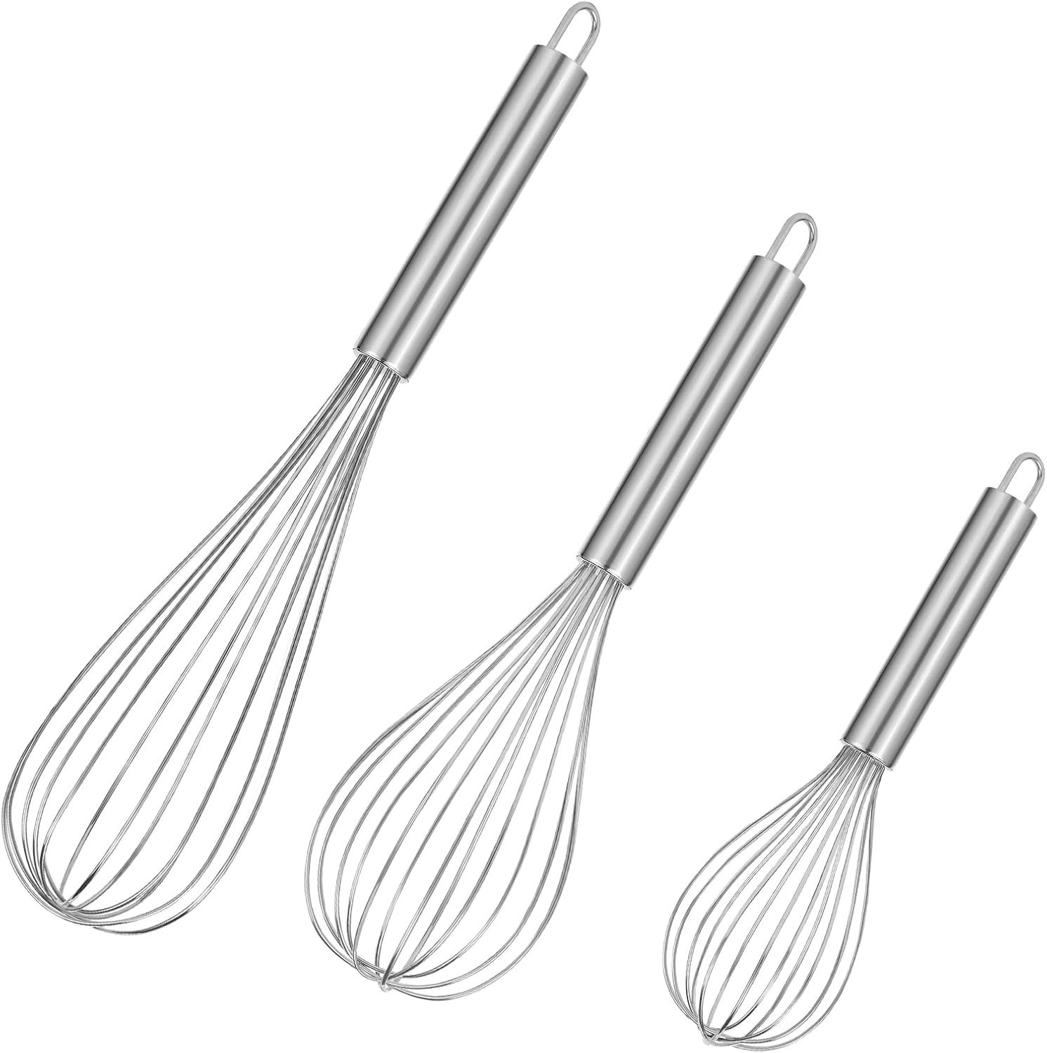 Metal Whisks for Cooking Stainless Steel Whisk Set 3 Pack Wisking Tool Balloon Wisk 8″ 10″ 12″ Wire Whisk for Baking, Whisking, Mixing, Blending