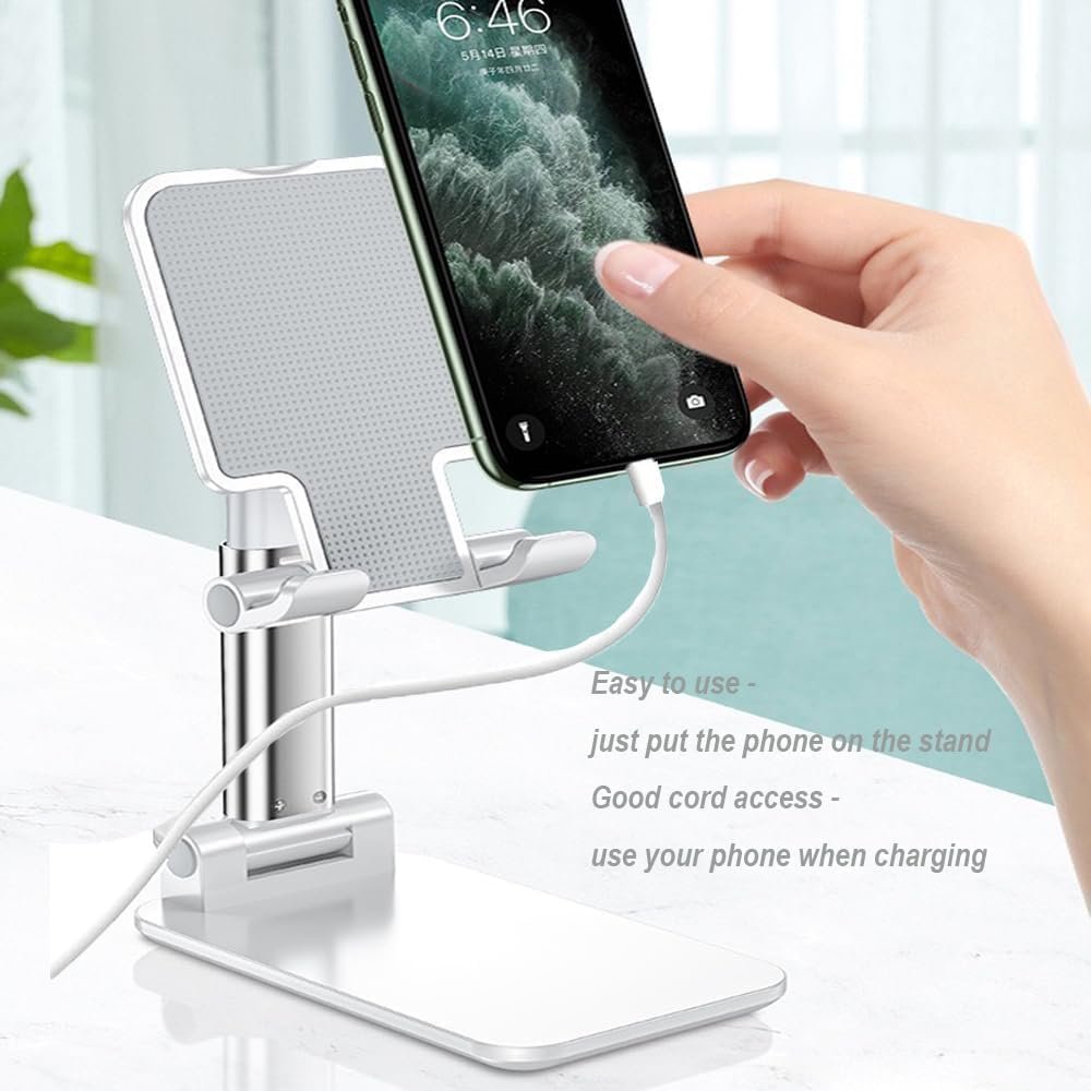 Mobile Phone Stand, Angle Adjustable, with Silicone Desktop Pad, Fully Foldable, Compatible with All Mobile Phones, White