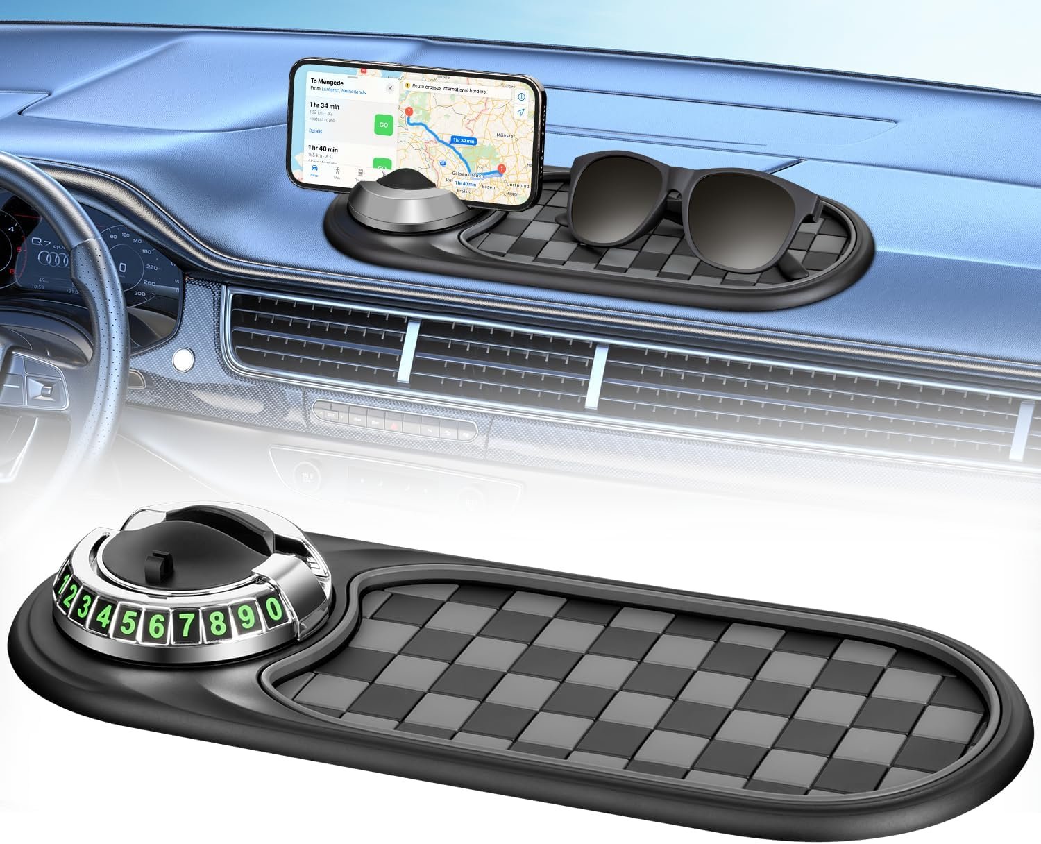 Multifunction Car Anti-Slip Mat, Multifunctional Car Dashboard Mobile Phone Holder, Car Anti Slip Mat Phone Holder and Temporary Parking Number Pad – Secure Storage for Sunglasses, Keys, Gadgets