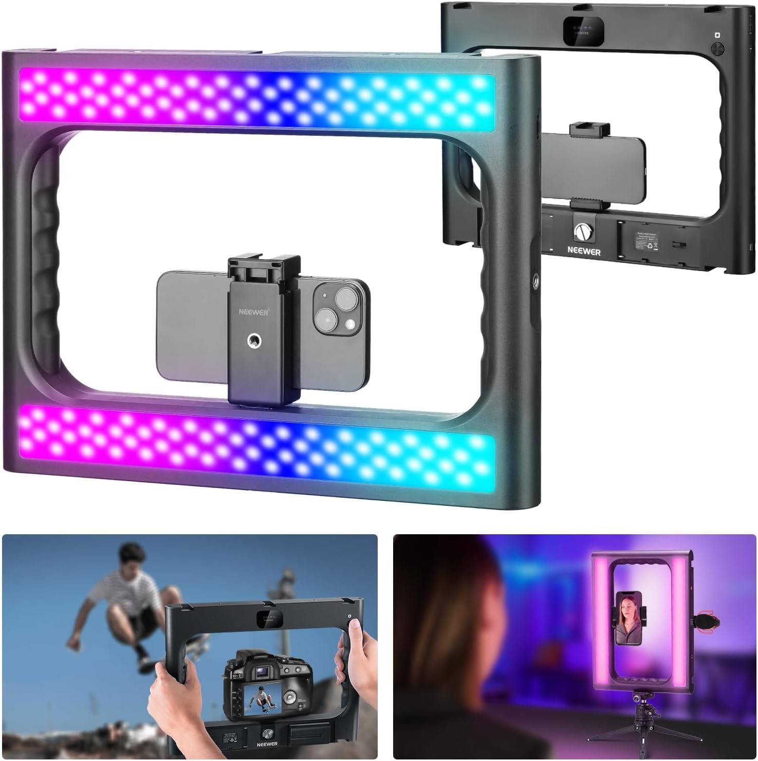 NEEWER RGB-A111 II Smartphone Video Rig with Light Kit, Support Vertical Shoot, Handheld Phone Camera Cage Stabilizer with Cold Shoes/Shutter/Battery, 17 Scenes RGB Ring Light 2500K-10000K CRI97+