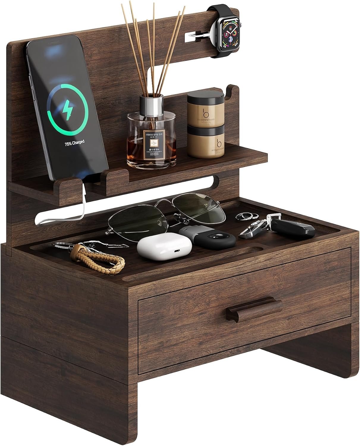 NiHome Wooden Nightstand Organizer for Men, Solid Wood Charging Dock for Smartphone, Smartwatch, Tablet, Wallet, Keys, Glasses, Accessories, Easy Assembly Stylish Design for Classic & Modern Interiors