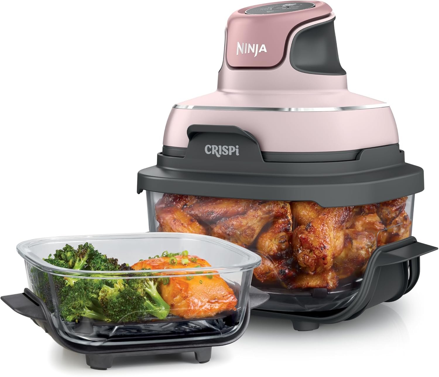 Ninja Crispi 4-in-1 Portable Glass Air Fryer Cooking System, 4 QT & 6 Cup Glass Containers with Storage Lids, Easy Meals, Microwave, Freezer & Dishwasher Safe, Air Fry, Bake, & More, Pink, FN101PK