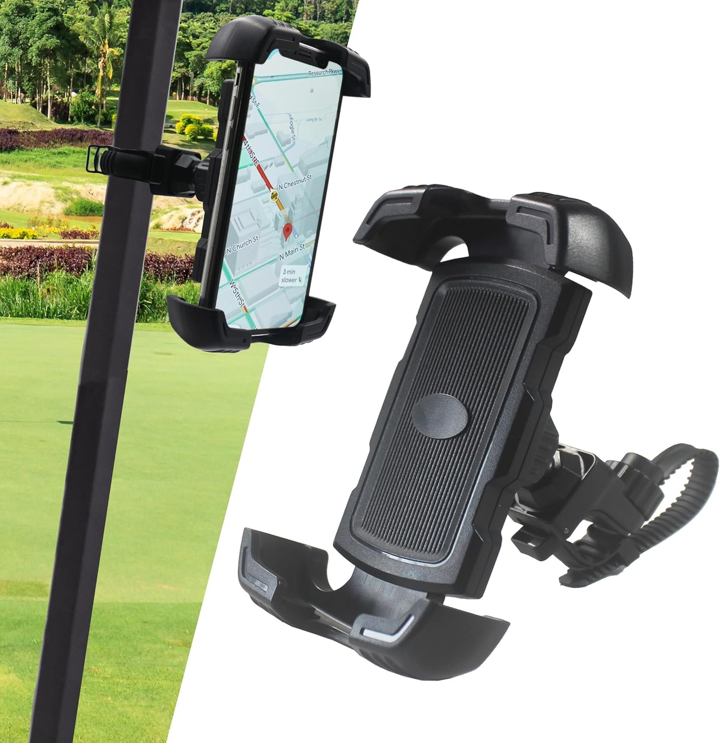 Phone Holder for Golf Cart 360° Rotation Upgraded Bike Phone Clamp Mount Holder for Motorcycle,Stroller,All Smartphones