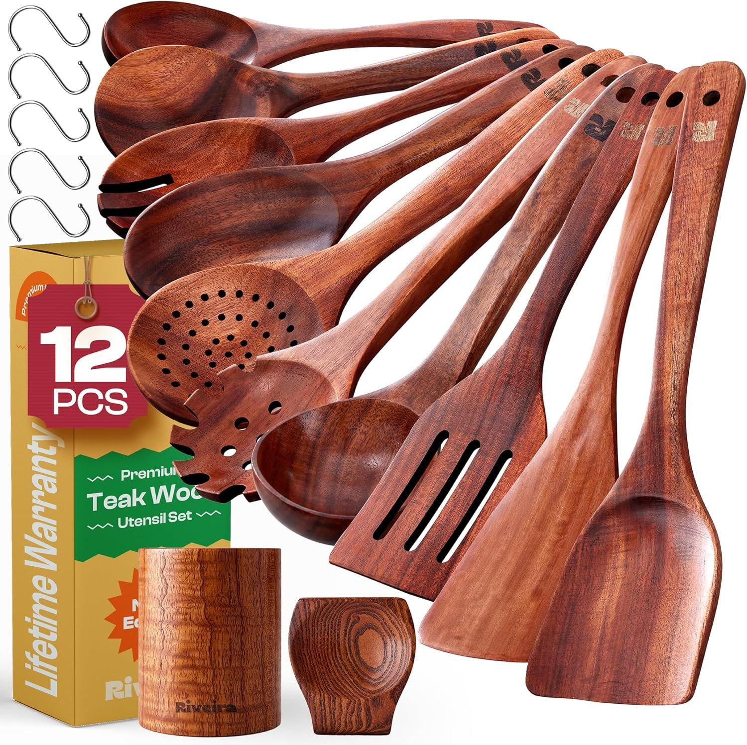 Riveira Dark Teak Kitchen Utensils Set – 12-Piece Non-Toxic Cooking Utensils Set – Wooden Spoons for Cooking – Spatula for Cooking – Teak Wooden Utensils