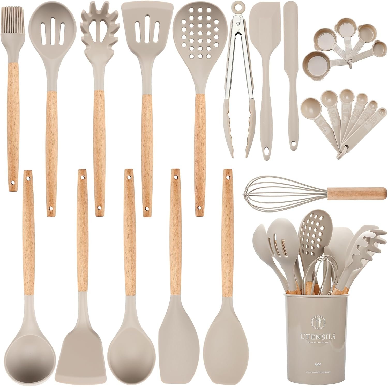 Silicone Cooking Utensils Set with Holder, BPA Free Silicone Utensils Set for Cooking, 446°F Heat Resistance Wooden Handle Kitchen Utensil Spatula Spoon Tongs Non-stick Kitchen Gadgets (Khaki)