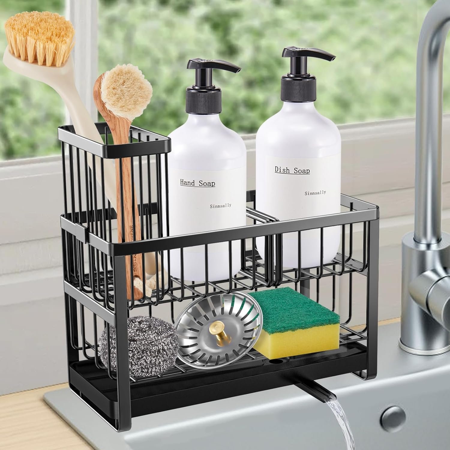Sinnsally Sponge Holder for Kitchen Sink Organizer Caddy,2 Tier Dish Brush Scrubber Holder,Stainless Steel Sink Box Utensil Holder,Soap Dispenser Set Tray Counter Accessories & Storage Rack