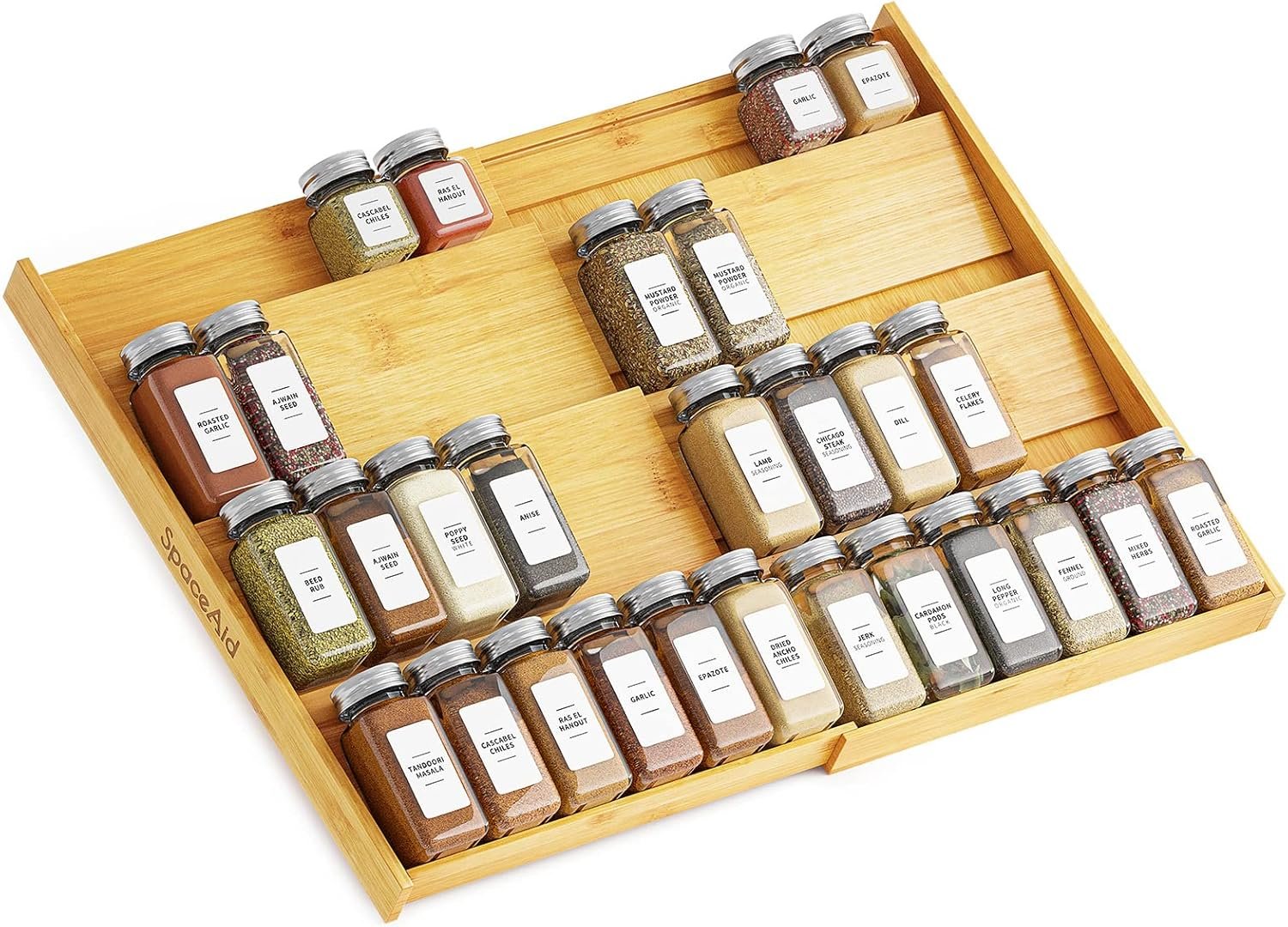 SpaceAid Bamboo Spice Drawer Organizer, (Need 3″ Deep Drawer) Expandable 4 Tier Spices Rack for Cabinet, Kitchen Seasoning Storage Insert (Jars Not Included, From 12″ to 23″ Wide)