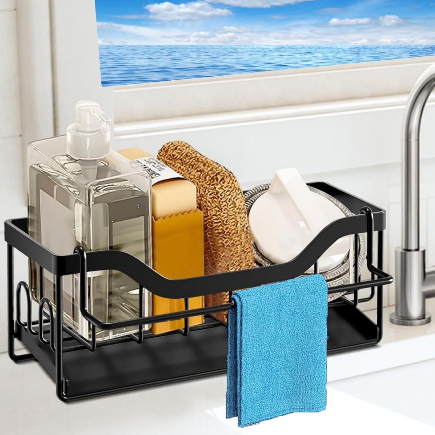 Sponge Holder for Kitchen Sink – Sink Caddy Organizer with Auto Drain Tray, Detachable Towel Rack, Stainless Steel Kitchen Counter Organizer Rack, Black