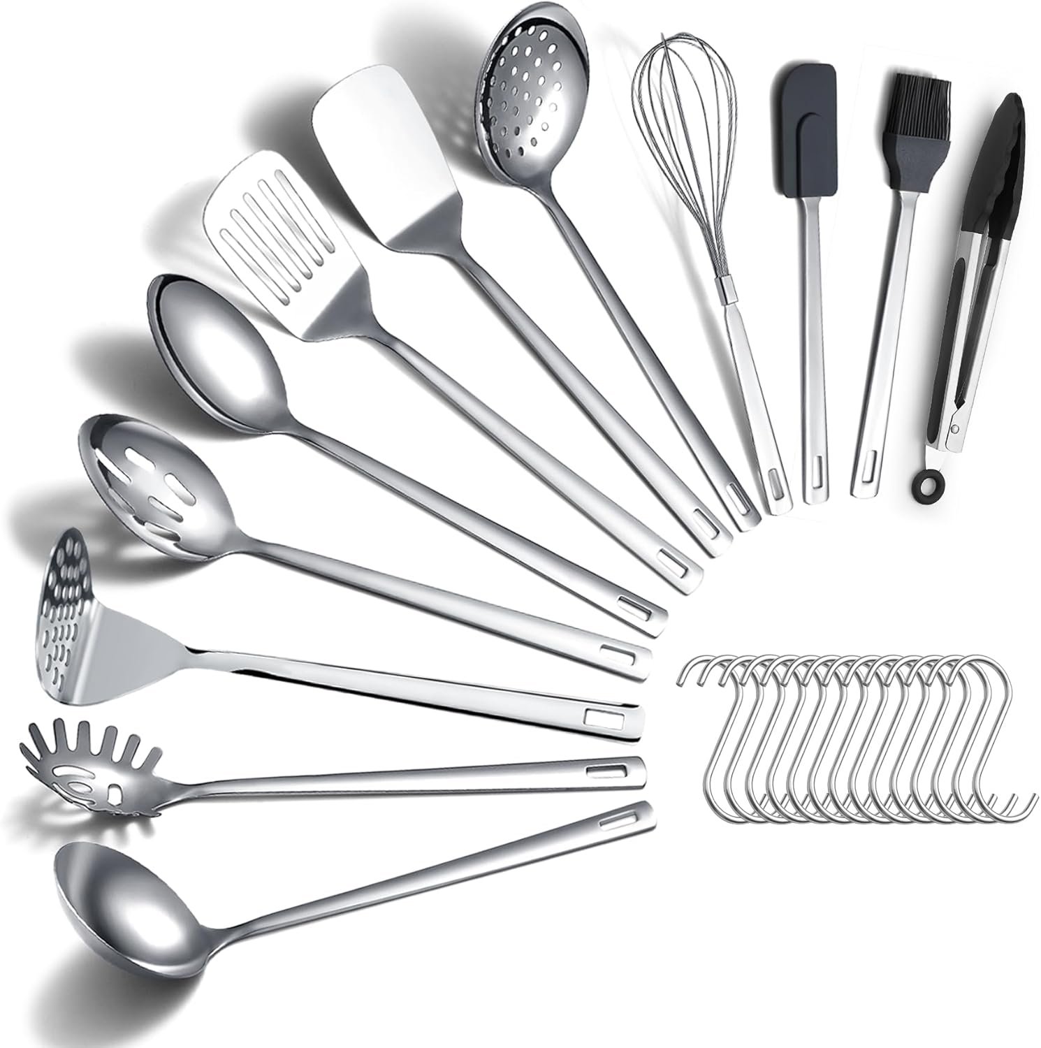 Stainless Steel Cooking Utensils Set 26 Pieces, Heavy Duty Sturdy Kitchen Tool Set with Hooks, Metal Spatula Set, Durable Mirror Polished Kitchen Utensils for All Cooking Tasks