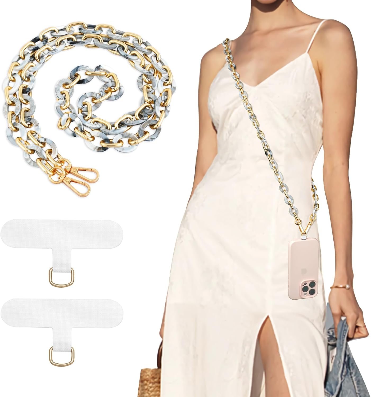 TiMOVO Universal Phone Lanyard, Metal Cell Phone Chain Anti-Theft Crossbody Strap for iPhone 15 Pro Max and Most Smartphones, Adjustable Cell Phone Neck Holder for Women, Marble White