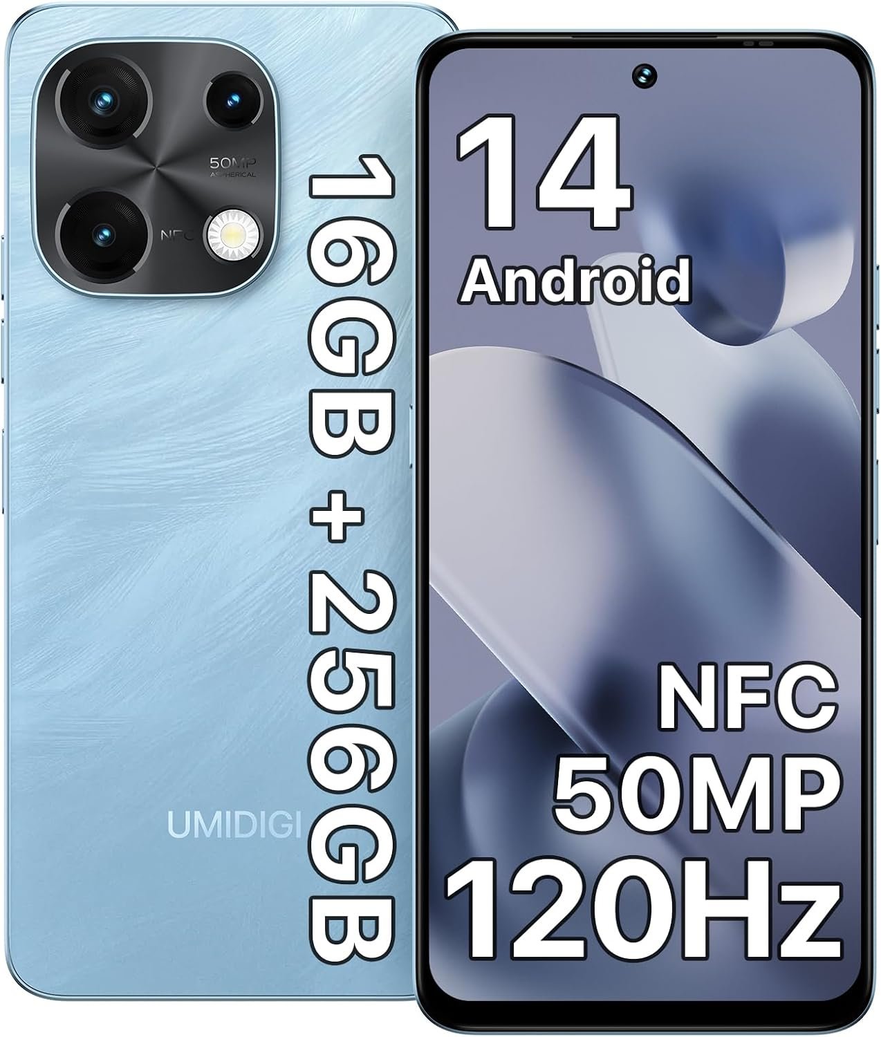 UMIDIGI Note 100 Cell Phone,Android 14 Unlocked Phones,16(8+8) GB+256GB/TF 1TB,6.8”HD+120Hz Display,50MP Camera,5000mAh+20W Fast Charging,4G Dual SIM Android Phone,AI Face/Fingerprint Unlock,NFC,GPS