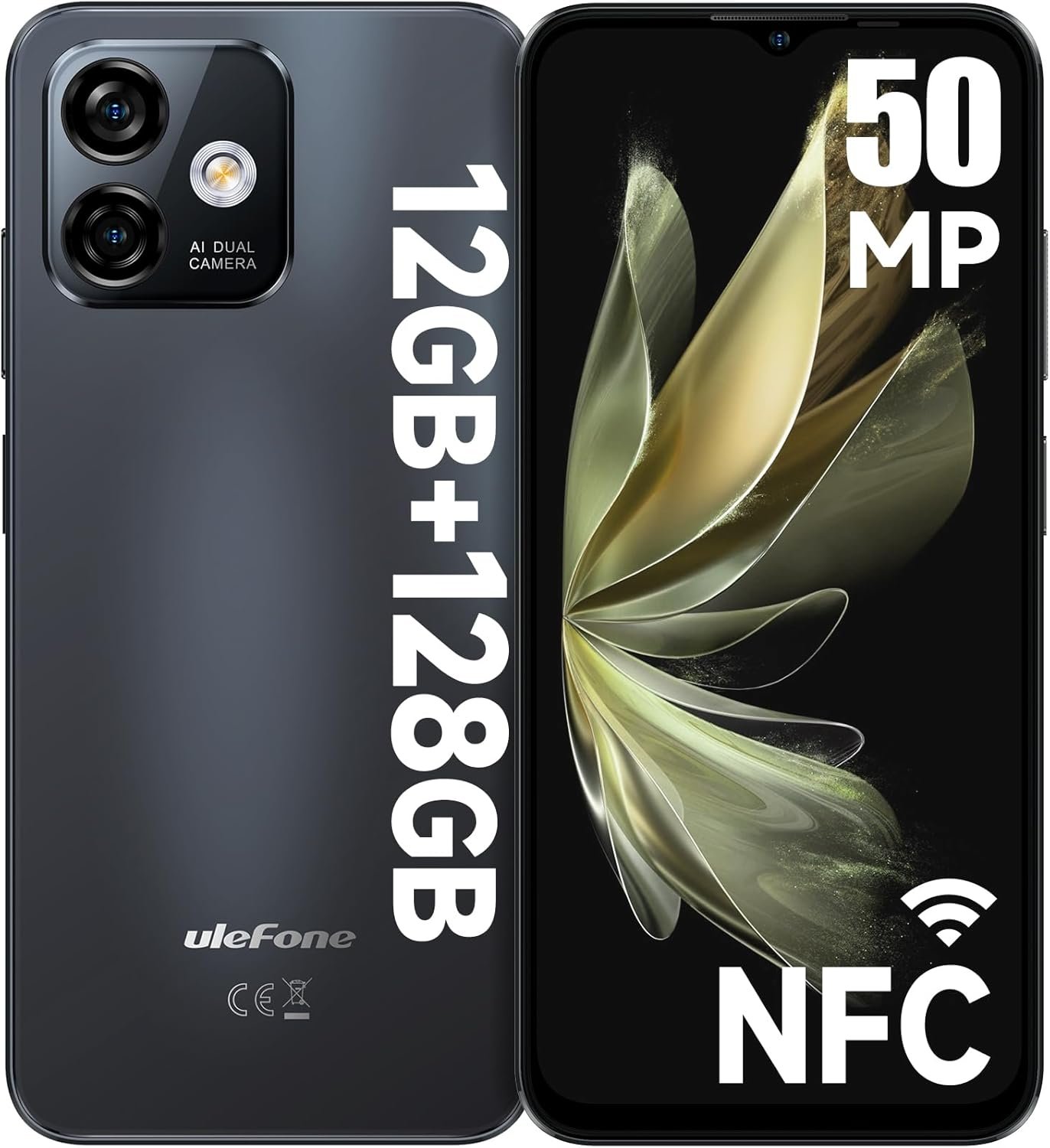 Ulefone Note 16 Pro (12GB+128GB) Phones Unlocked, Android 13 Cellphone, 50MP Main Camera, 6.52” HD+ Waterdrop Screen, 8-Core Processor, 4400mAh, Dual 4G Unlocked Mobile Phone-Black NFC Version