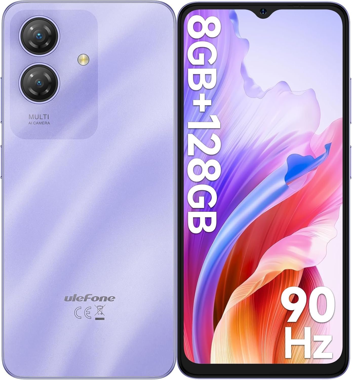 Ulefone Note 21 Unlocked Smartphone 128GB ROM 8GB/1TB SD, Android 14 Octa Core 6.56 Inch 90Hz HD+, 13MP + 8MP Camera 5000mAh, 4G Dual SIM Unlocked Cell Phone + Face ID GPS OTG- Purple Mobile Phone
