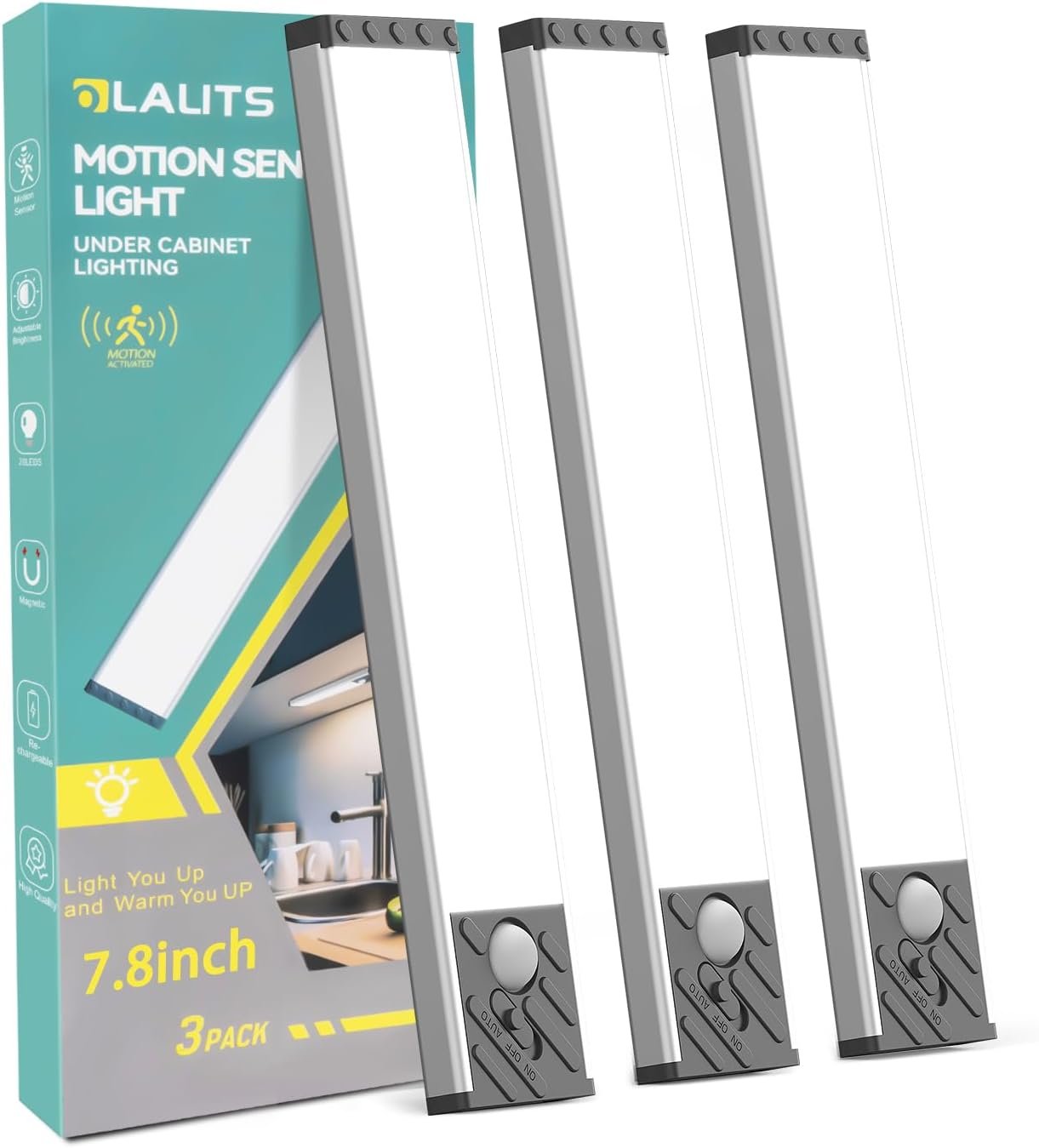 Under Cabinet Lighting, Equipped with Motion Sensor, Rechargeable Battery Operated，3-Level Adjustable Brightness, 3 Pack Magnetic Under Counter Lights for Kitchen, Closet, Pantry, 7.8″