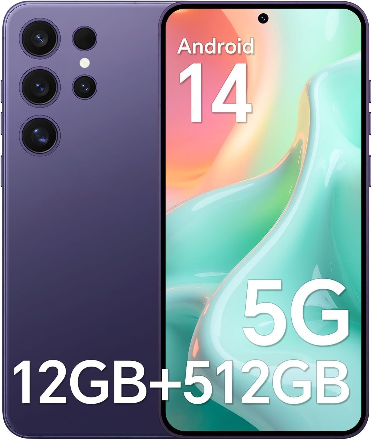 Unlocked Cell Phones P24 Ultra, Android 14 Phone, Snapdragon 888, 5G Cell Phone, 12GB+512GB, 6800mAh Battery, 6.8” Screen Mobile Phone, 48MP+108MP Camera, Face ID/Dual SIM/WiFi/Bluetooth Purple