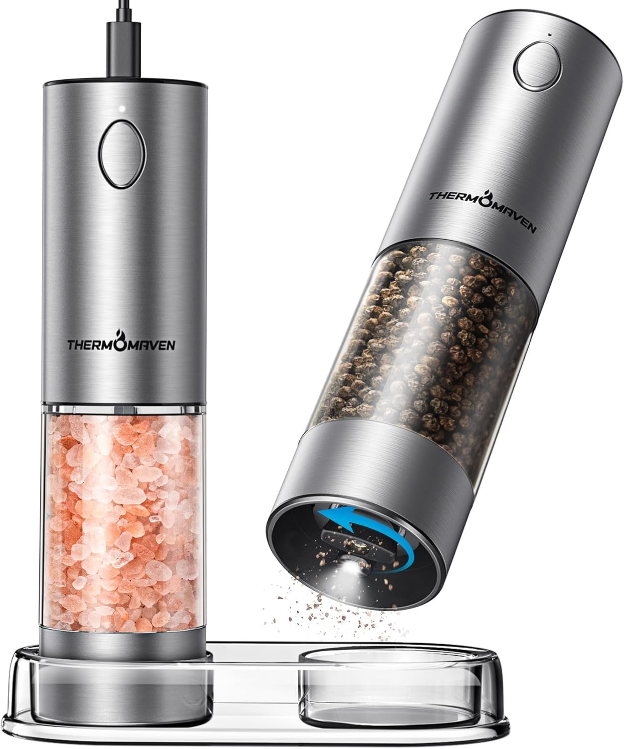 Upgraded Larger Capacity Electric Salt and Pepper Grinder Set, 110ml Rechargeable Salt and Pepper Shaker with LED light, Stainless Steel Automatic Pepper Mill with 6 Adjustable Coarseness